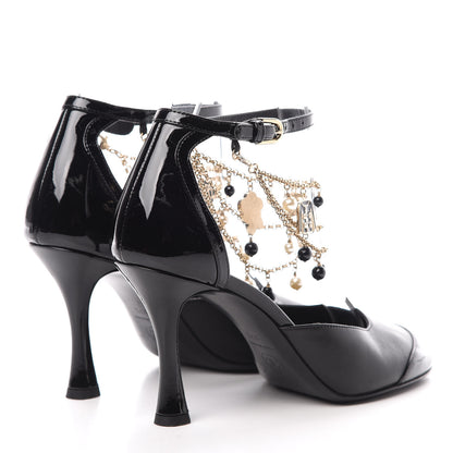 Chanel Patent Cap Toe Chain Ankle Strap Pumps 37.5 Black 4 of 10