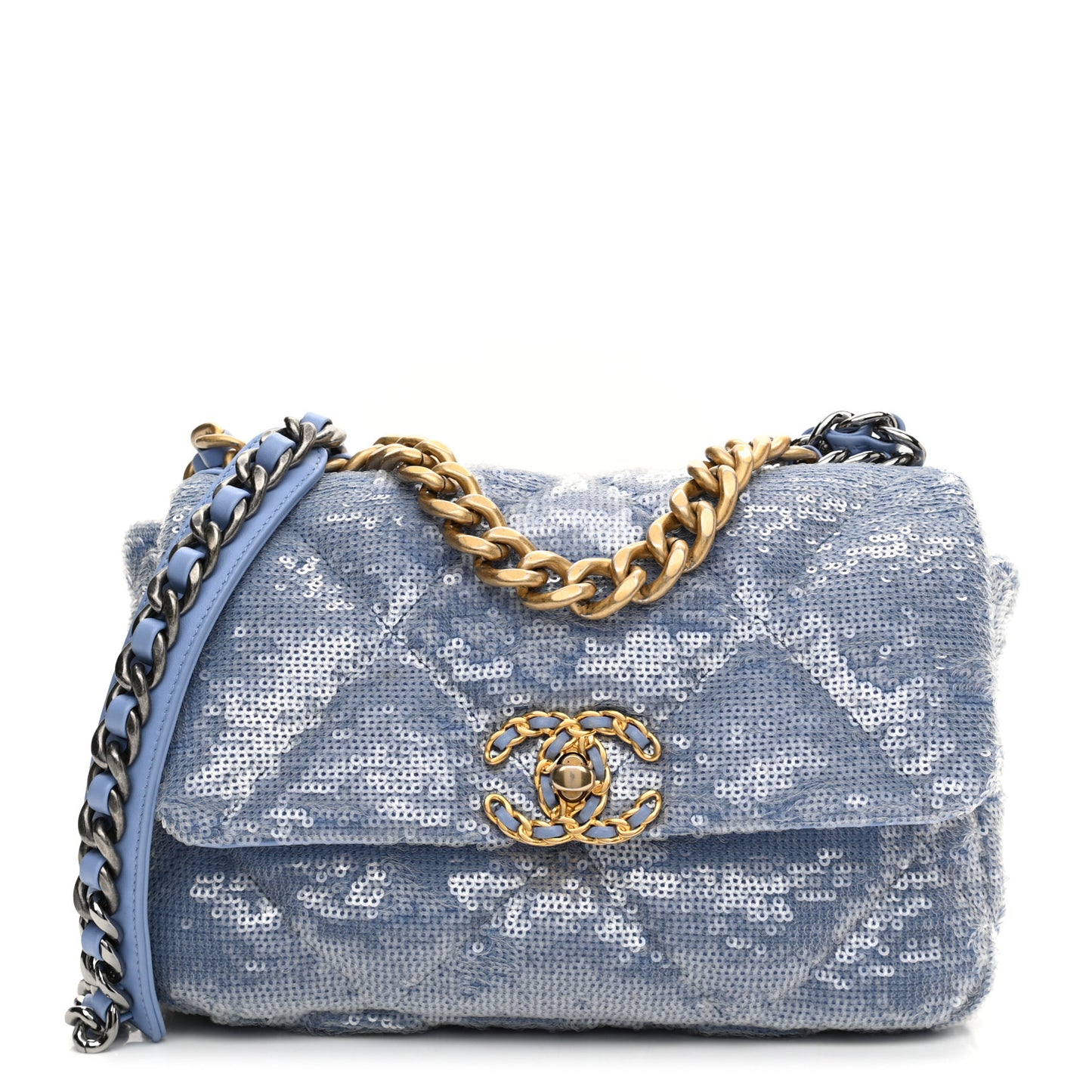 Sequin Quilted Medium Chanel 19 Flap Light Blue