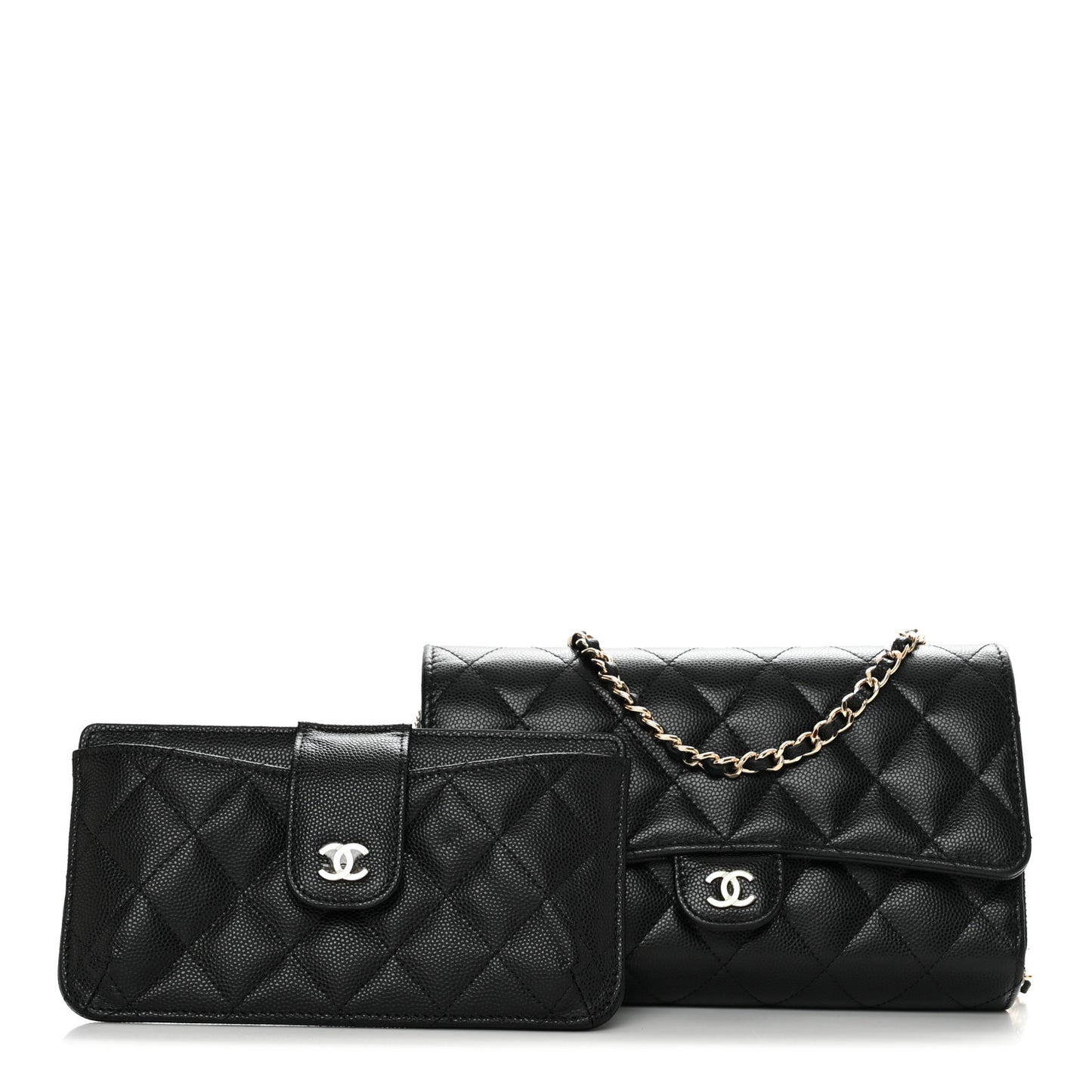Caviar Quilted Phone Holder Wallet on Removable Chain Black