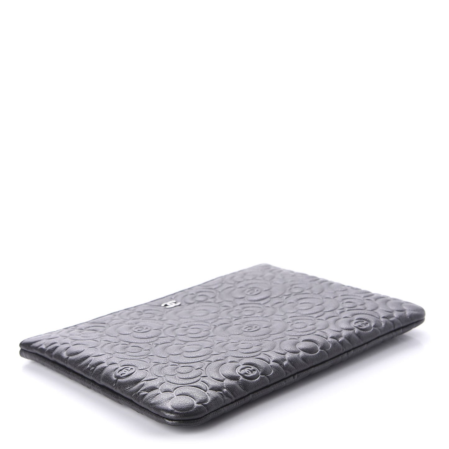 Goatskin Camellia Embossed Medium Cosmetic Case Dark Grey