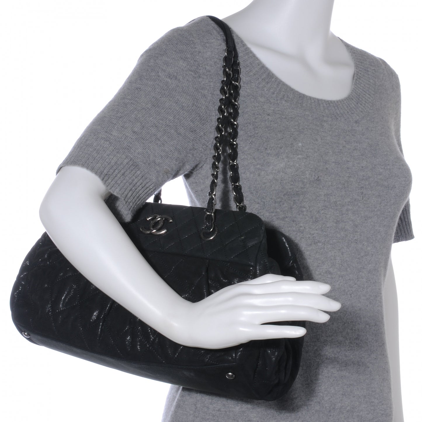Iridescent Calfskin Chic Quilt Bowling Bag Black