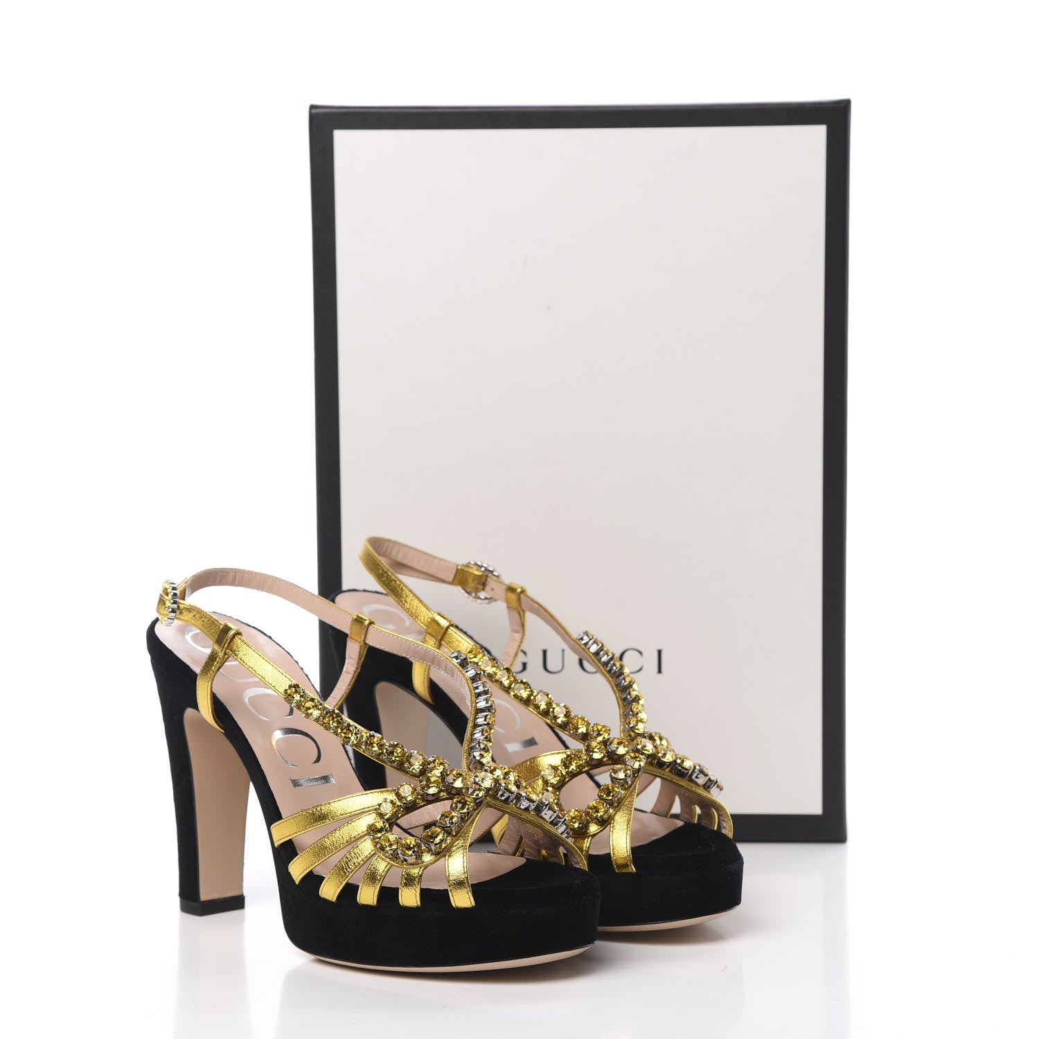 Gucci Velvet Nappa Crystal Zephyra Slingback Platform High Heel Sandals 37 Black Gold 9 of 9