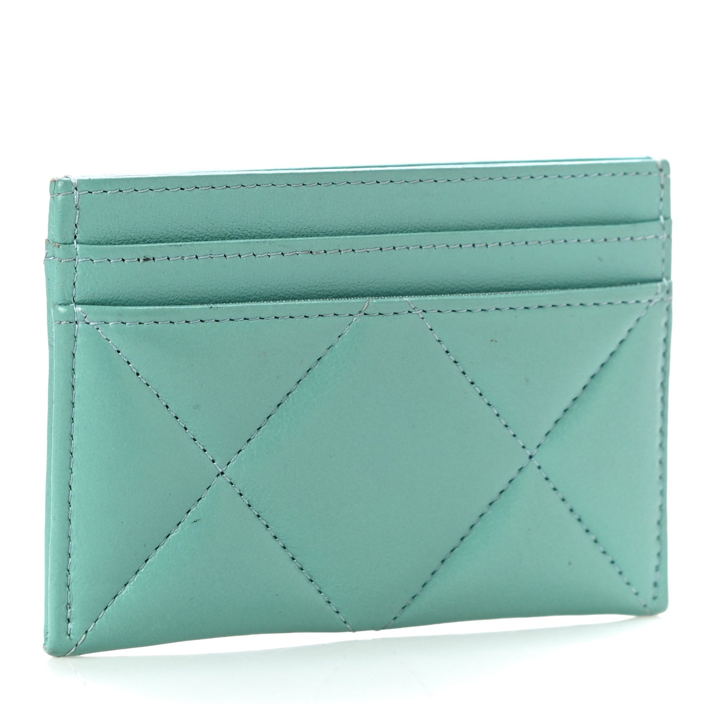 Shiny Goatskin Quilted Chanel 19 Card Holder Turquoise