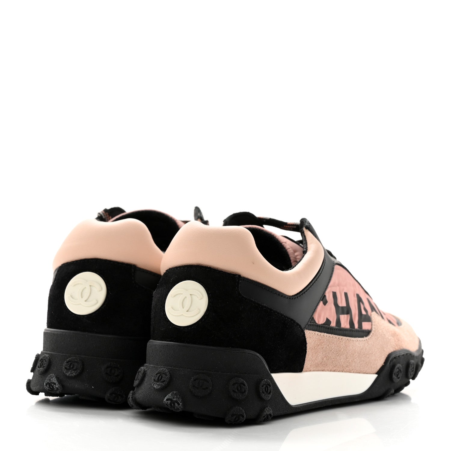 Chanel Nylon Calfskin Suede CC Womens Sneakers 37.5 Pink Black 4 of 8