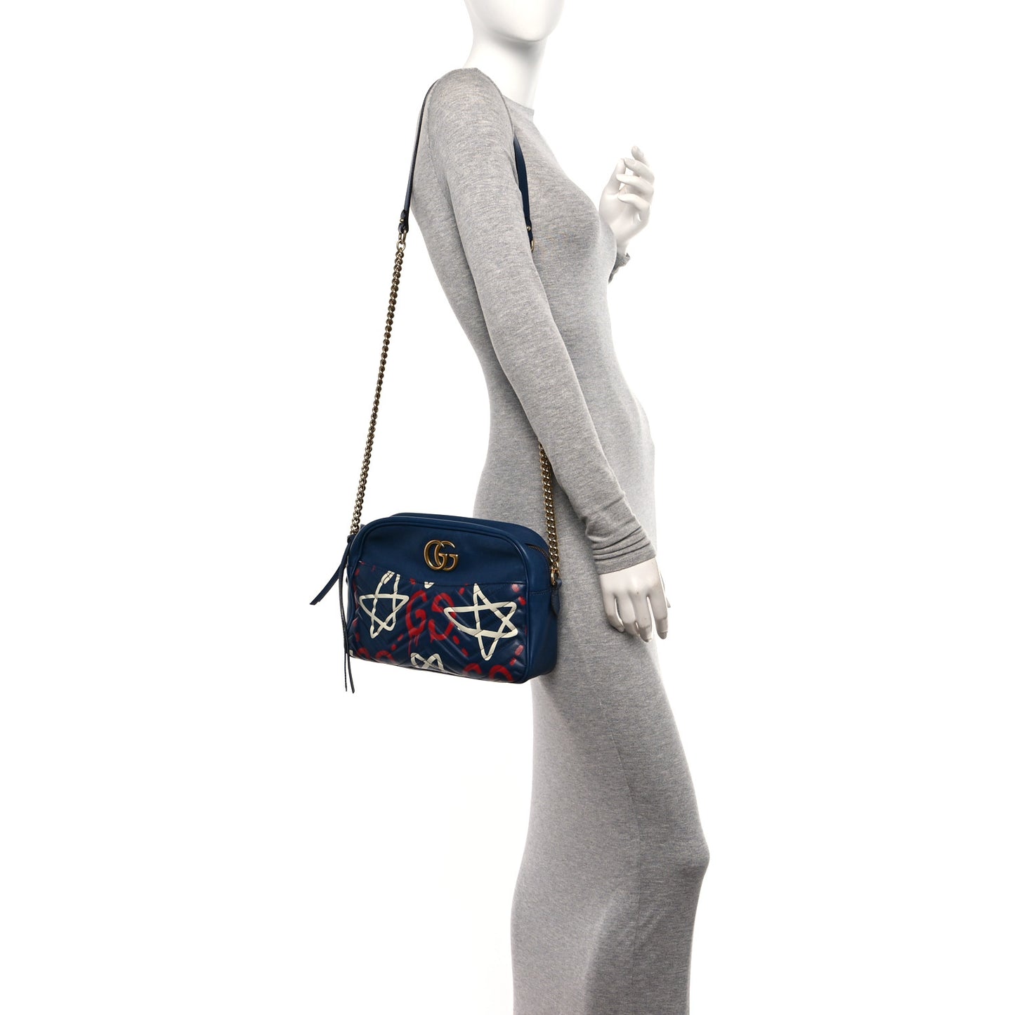 Calfskin Matelasse GucciGhost Medium GG Marmont Chain Shoulder Bag Blue Agata Hibiscus Red