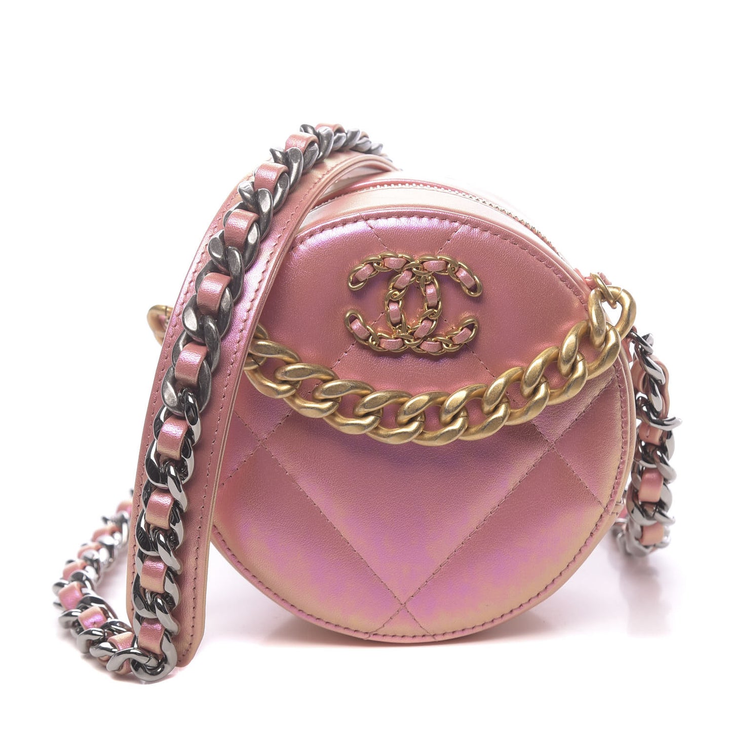 Iridescent Calfskin Quilted 19 Round Clutch With Chain Pink