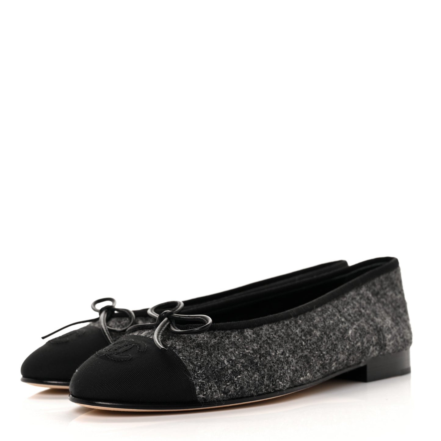 Tweed Grosgrain Cap Toe Ballerina Flats 35.5 Dark Grey Black