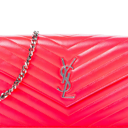 Saint Laurent Patent Grain De Poudre Matelasse Chevron Monogram Chain Wallet Neon Pink 9 of 9