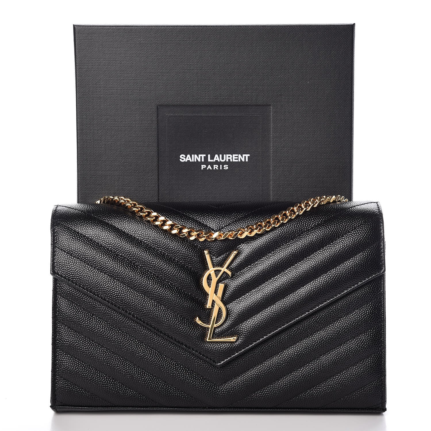 Saint Laurent Grain De Poudre Matelasse Chevron Monogram Chain Wallet Black 10 of 10
