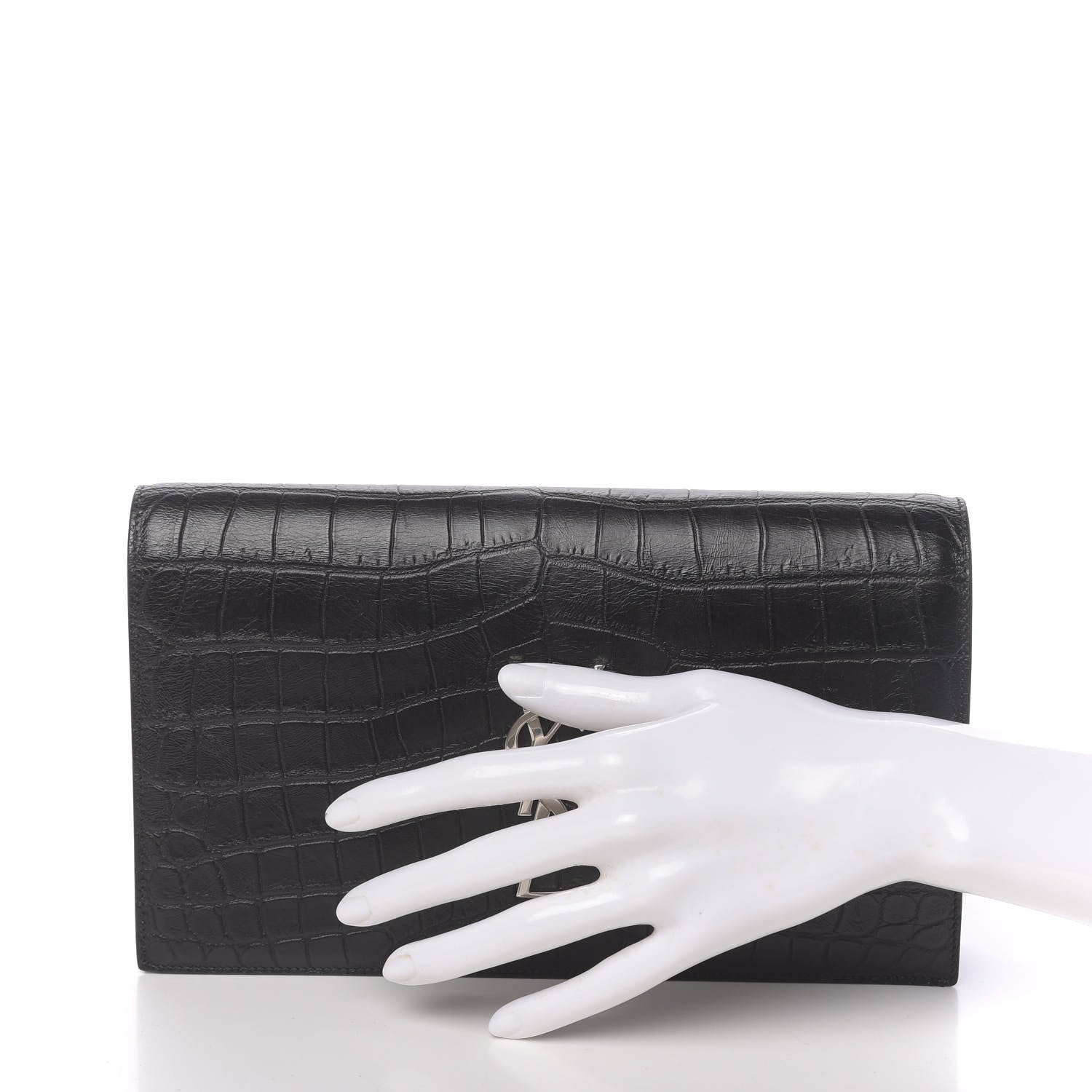 Saint Laurent Calfskin Crocodile Embossed Classic Kate Monogram Clutch Black 2 of 9