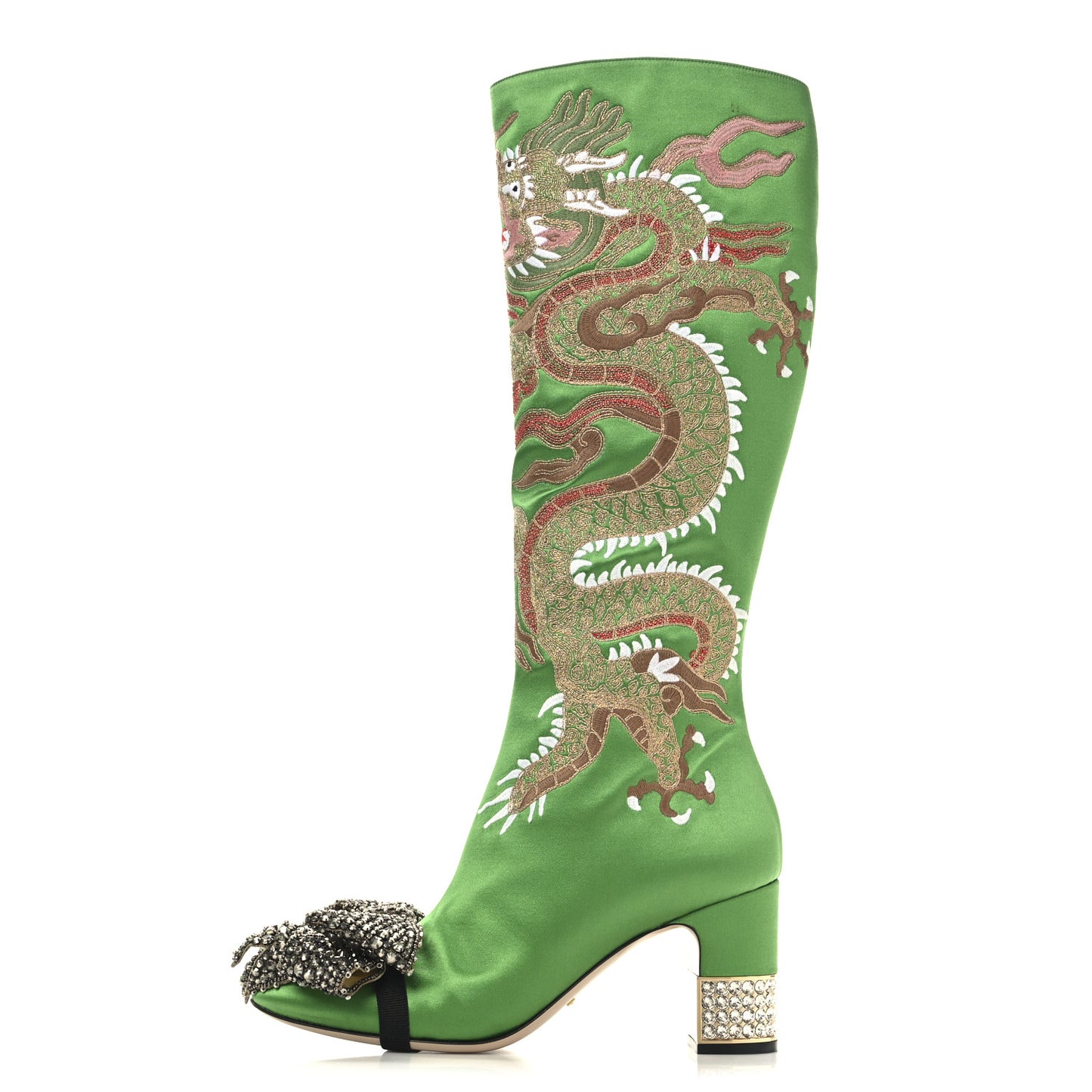 Silk Satin Malaga Kid Embroidered Candy Dragon Block-Heel Knee Boot 40.5 Palm