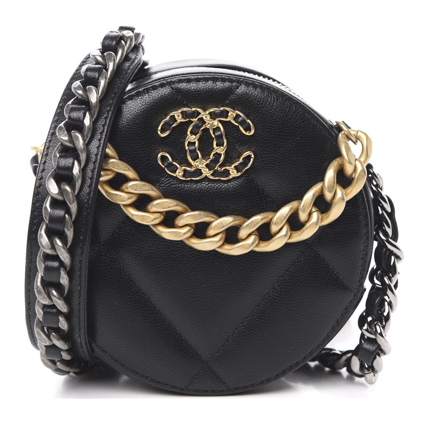 Shiny Goatskin Quilted 19 Round Clutch With Chain Black