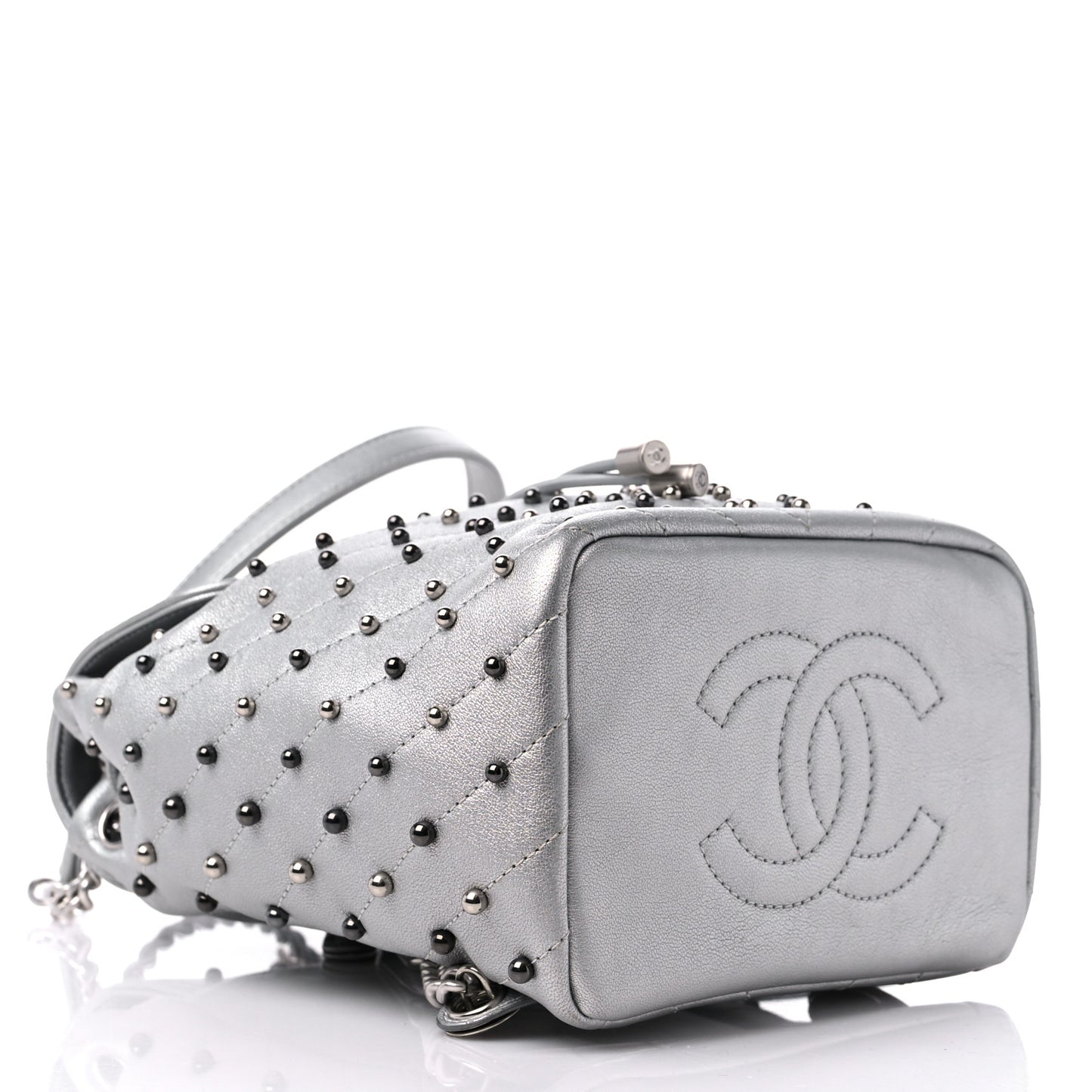 Metallic Lambskin Chevron Quilted Studded Stud Wars Backpack Silver