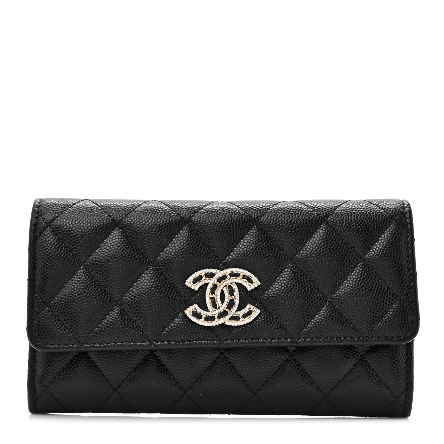 Caviar Quilted Crystal CC Large Gusset Flap Wallet Black
