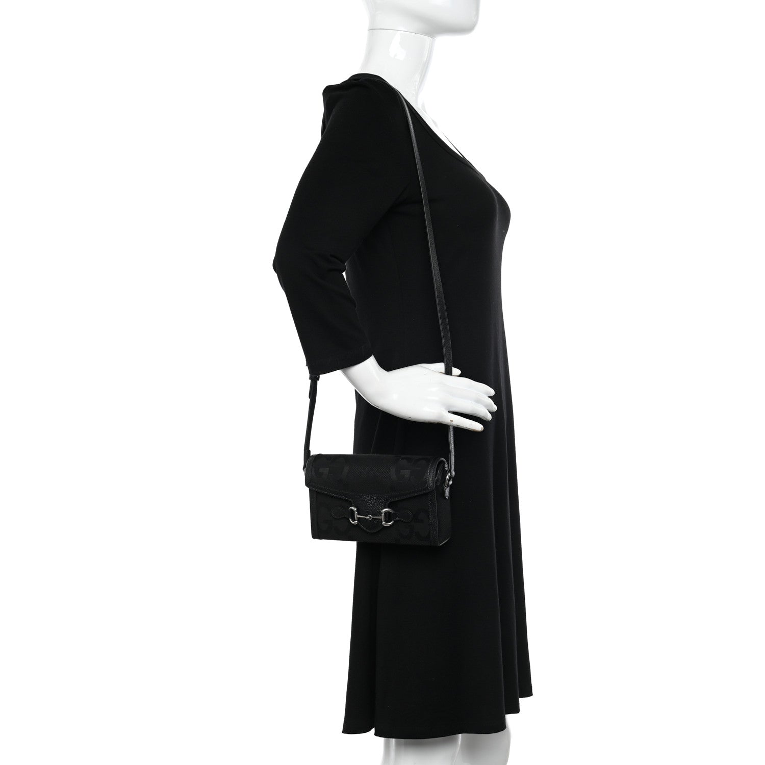Gucci Monogram Jumbo GG Textured Dollar Calfskin Mini Horsebit 1955 Shoulder Bag Black 2 of 10