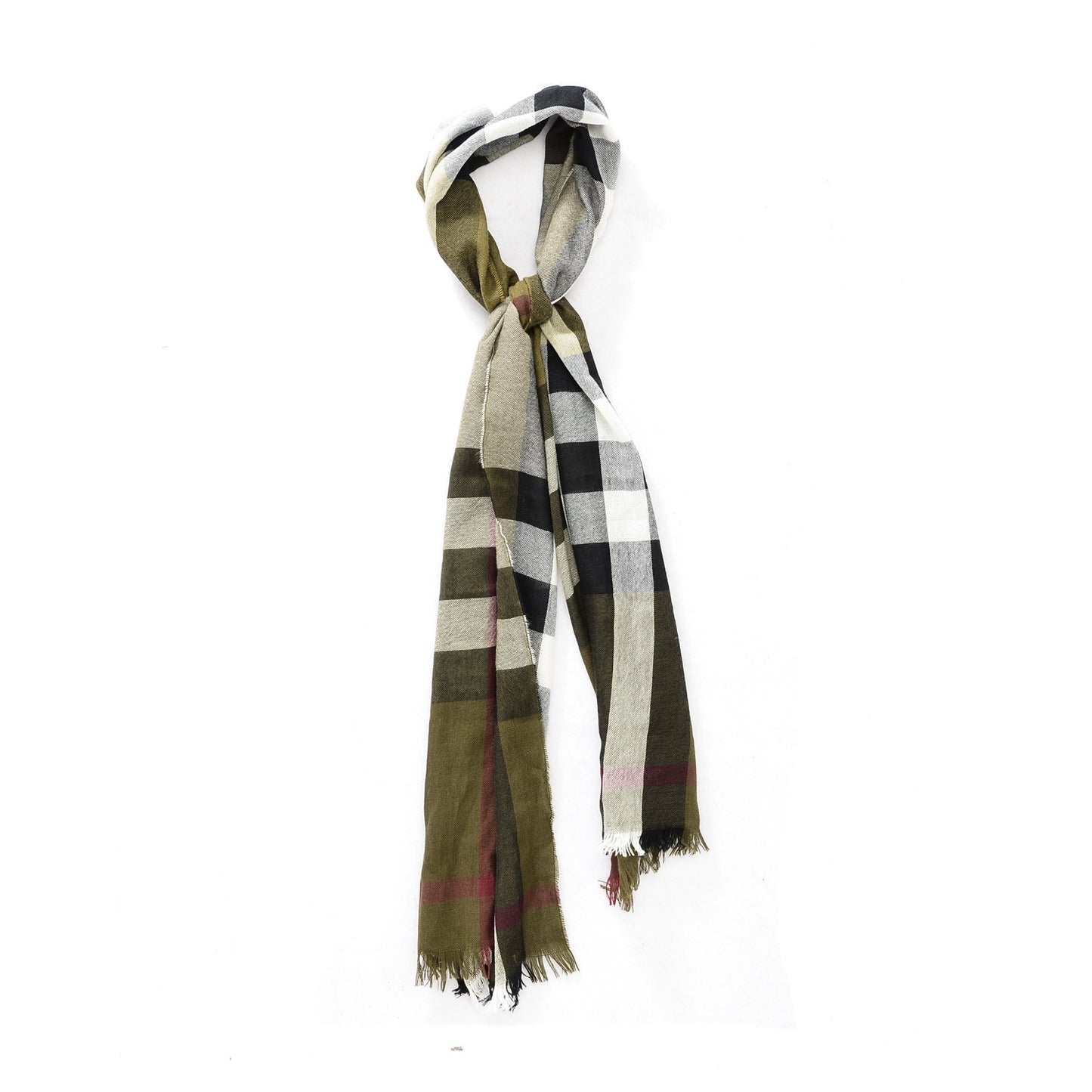 Wool Silk Giant Check Scarf Olive