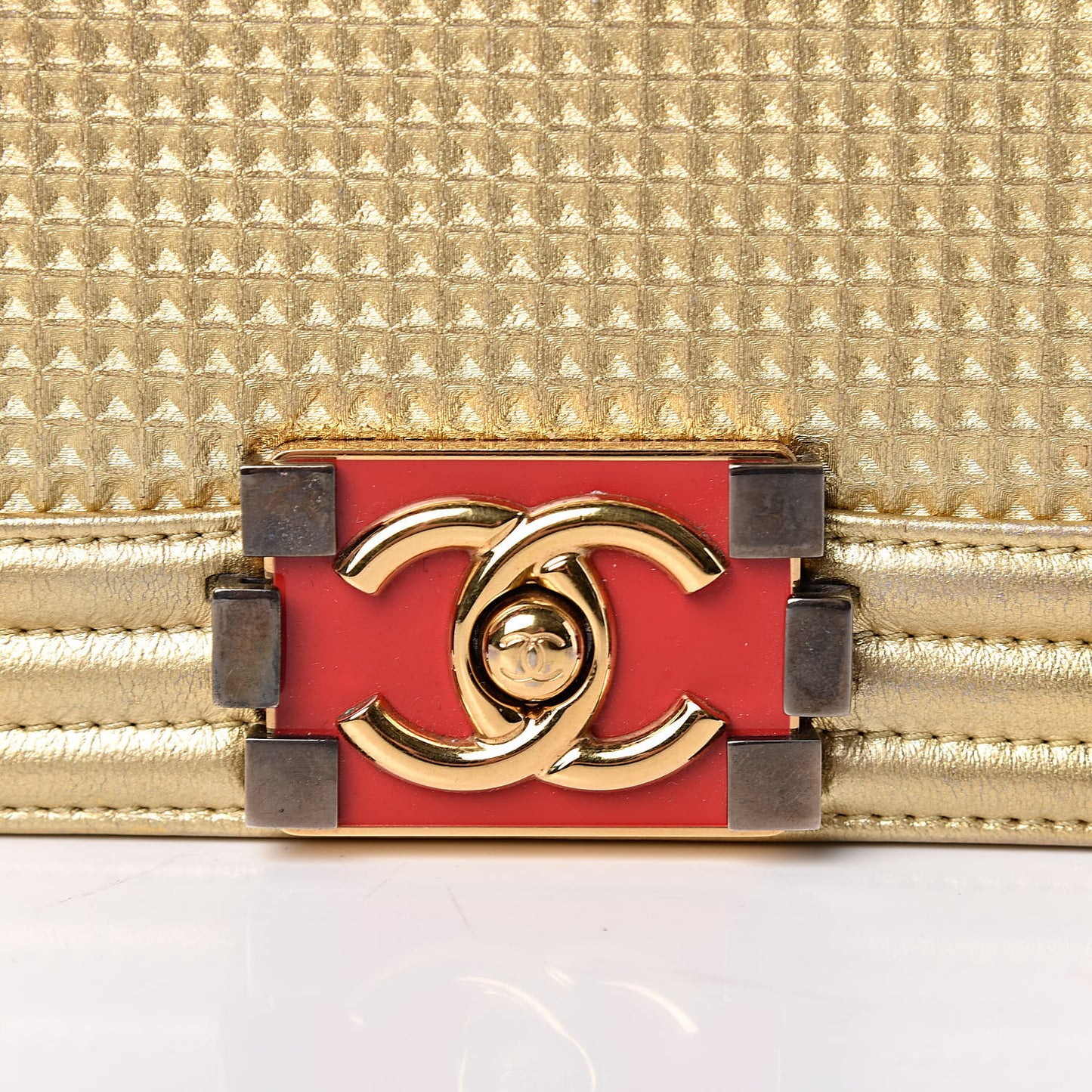 Metallic Lambskin Embossed Small Cube Boy Flap Gold