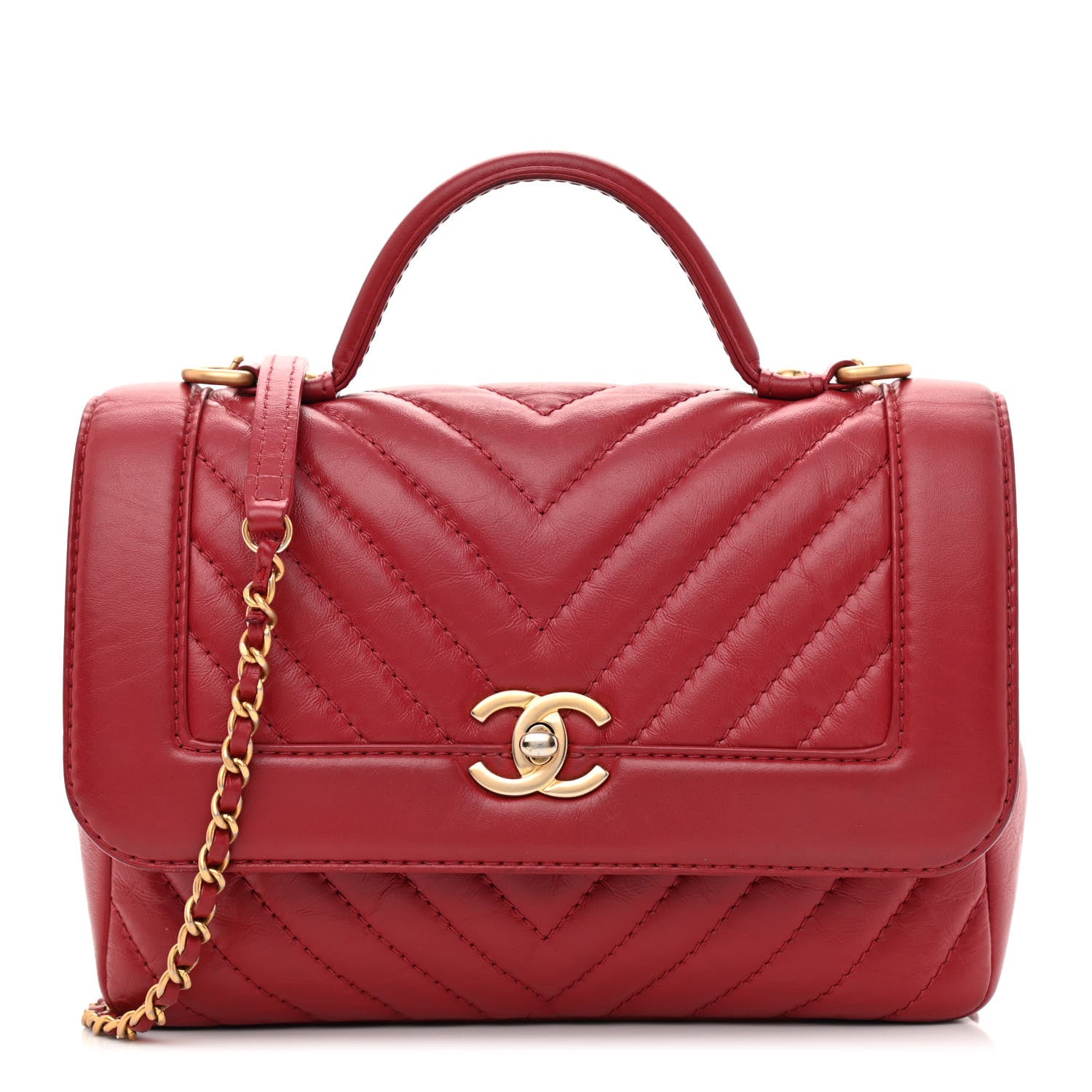 Chanel Calfskin Chevron Quilted Top Handle Flap Red 1 of 13