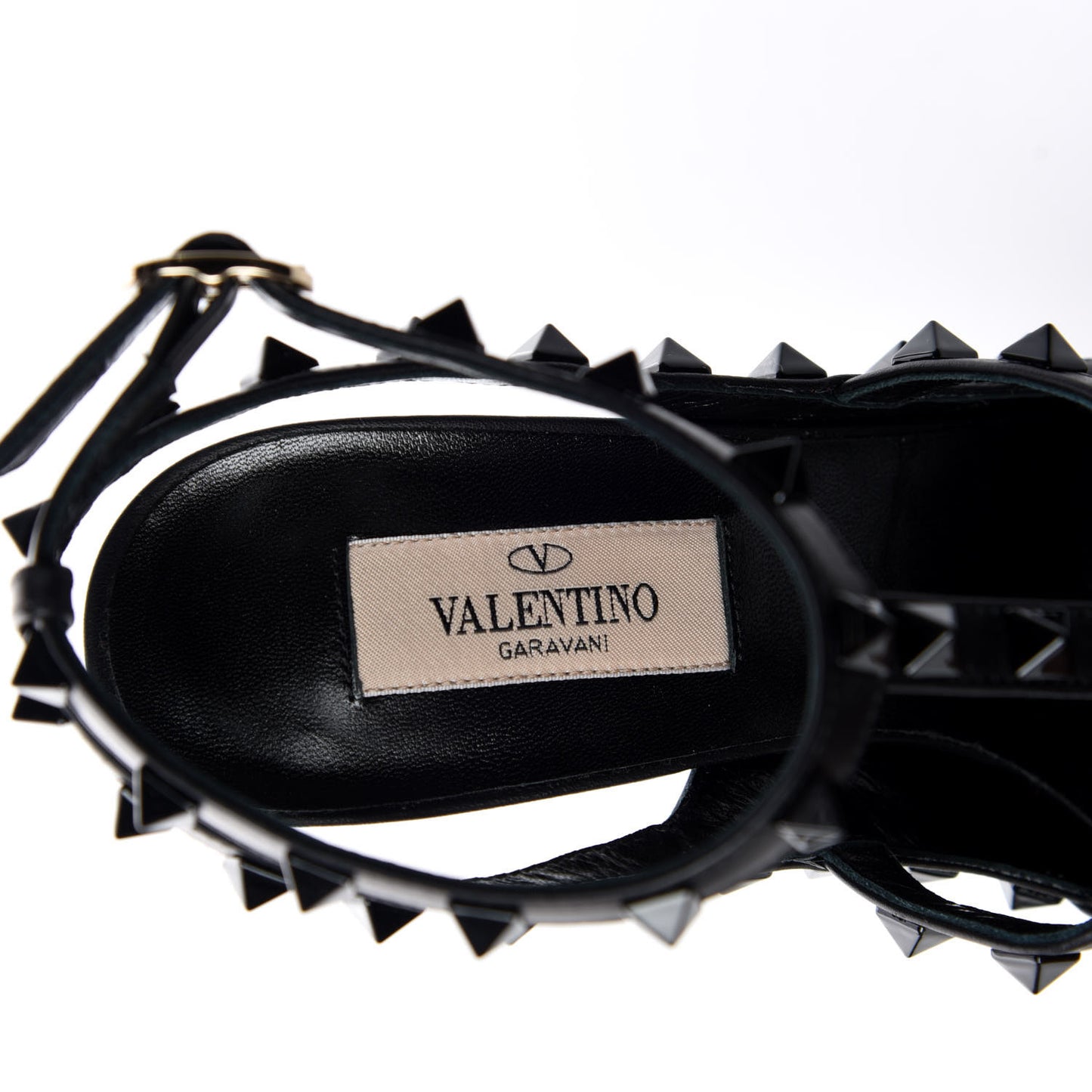 Calfskin Lacquered Monochrome Rockstud Ankle Strap 100mm Pumps 37.5 Black
