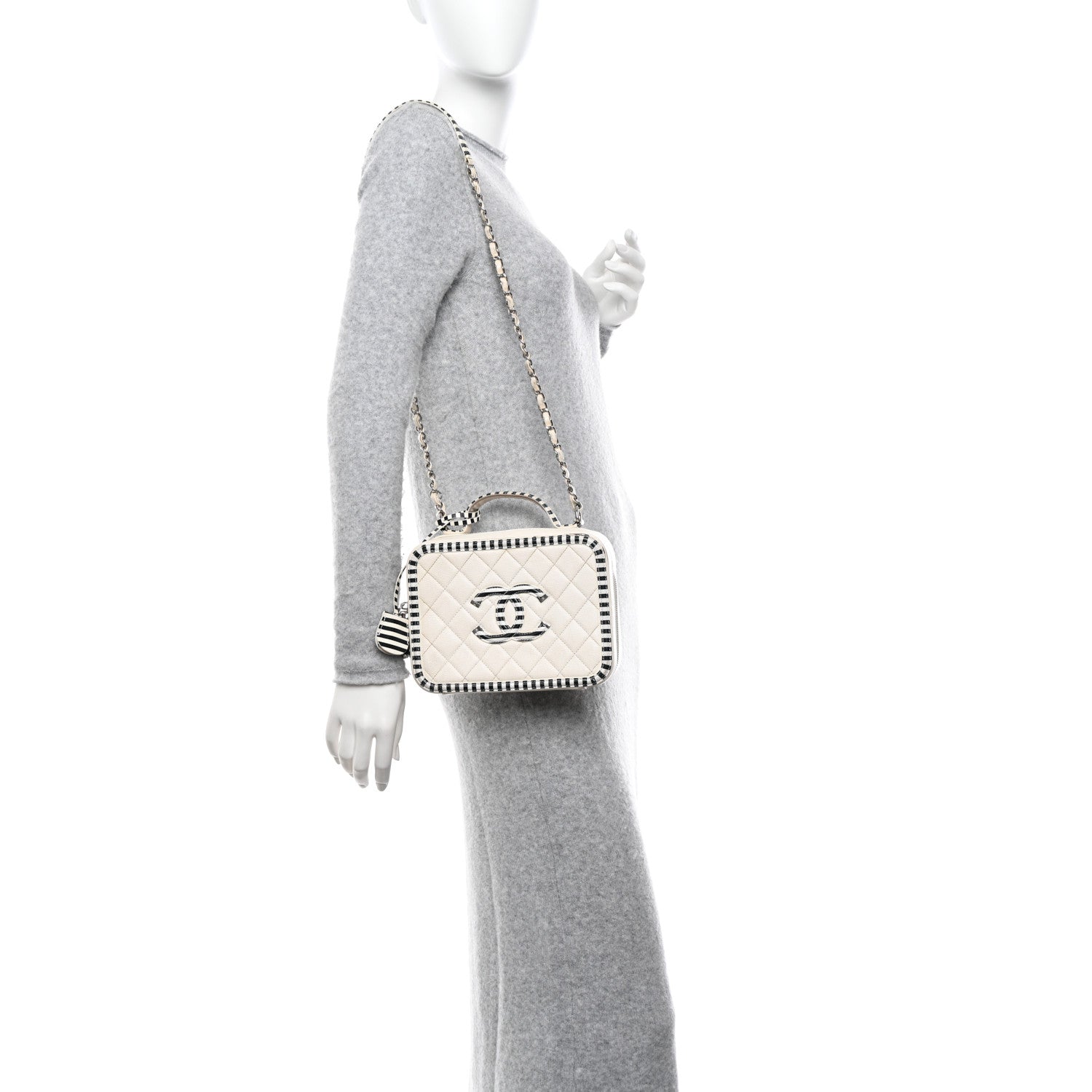 Chanel Caviar Quilted Striped Medium CC Filigree Vanity Case White Black 2 of 18