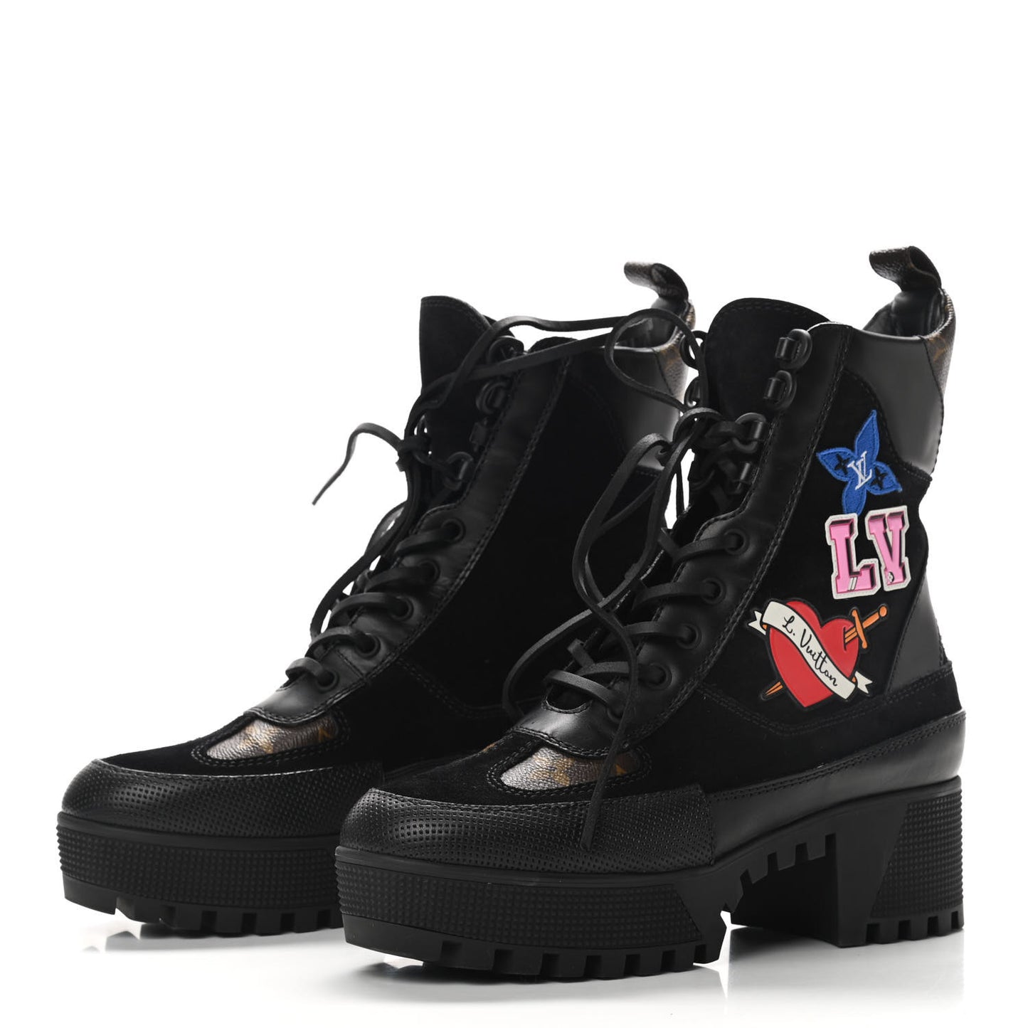 Suede Calfskin Monogram LV Black Heart Laureate Platform Desert Boots 37 Black