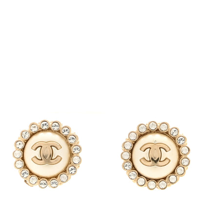 Chanel Metal Pearl Crystal CC Round Earrings Light Gold 1 of 5