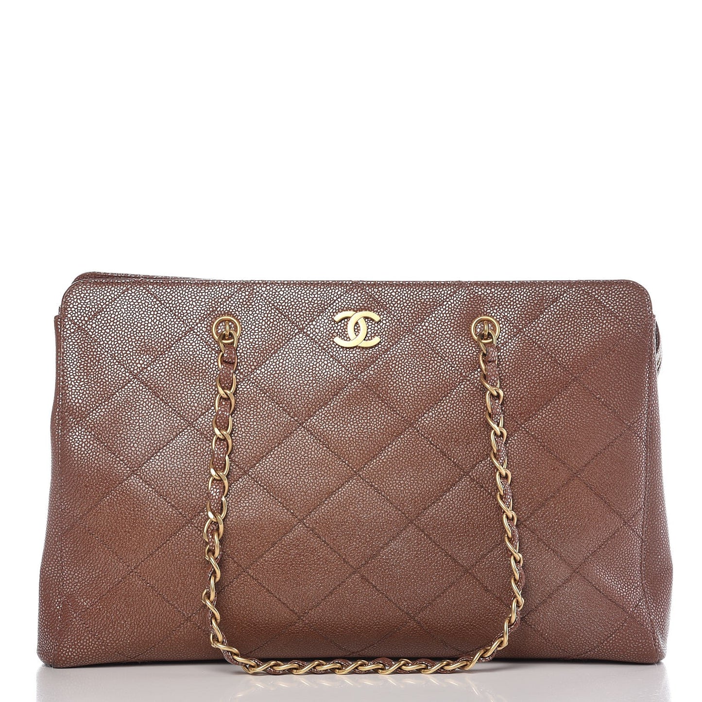 Metallic Caviar Quilted Shopping Tote Brown