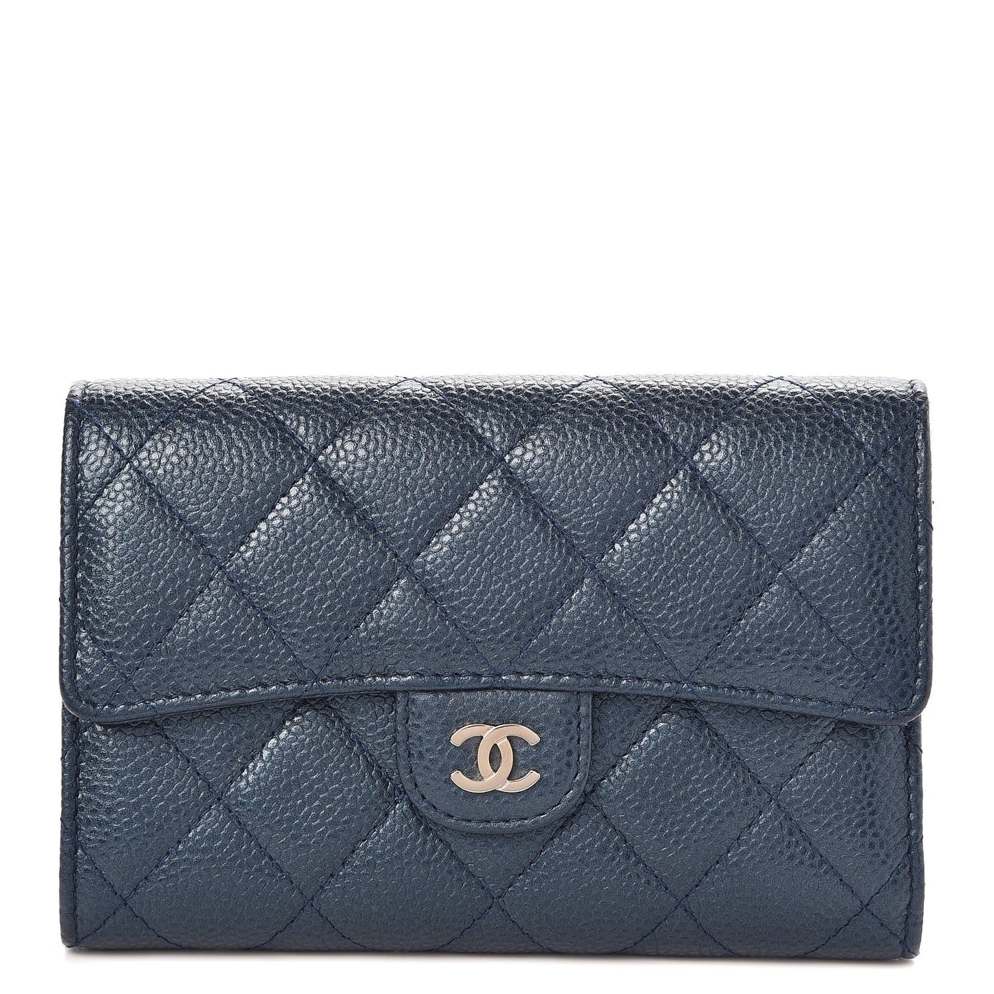 Metallic Caviar Quilted Medium Flap Wallet Dark Blue