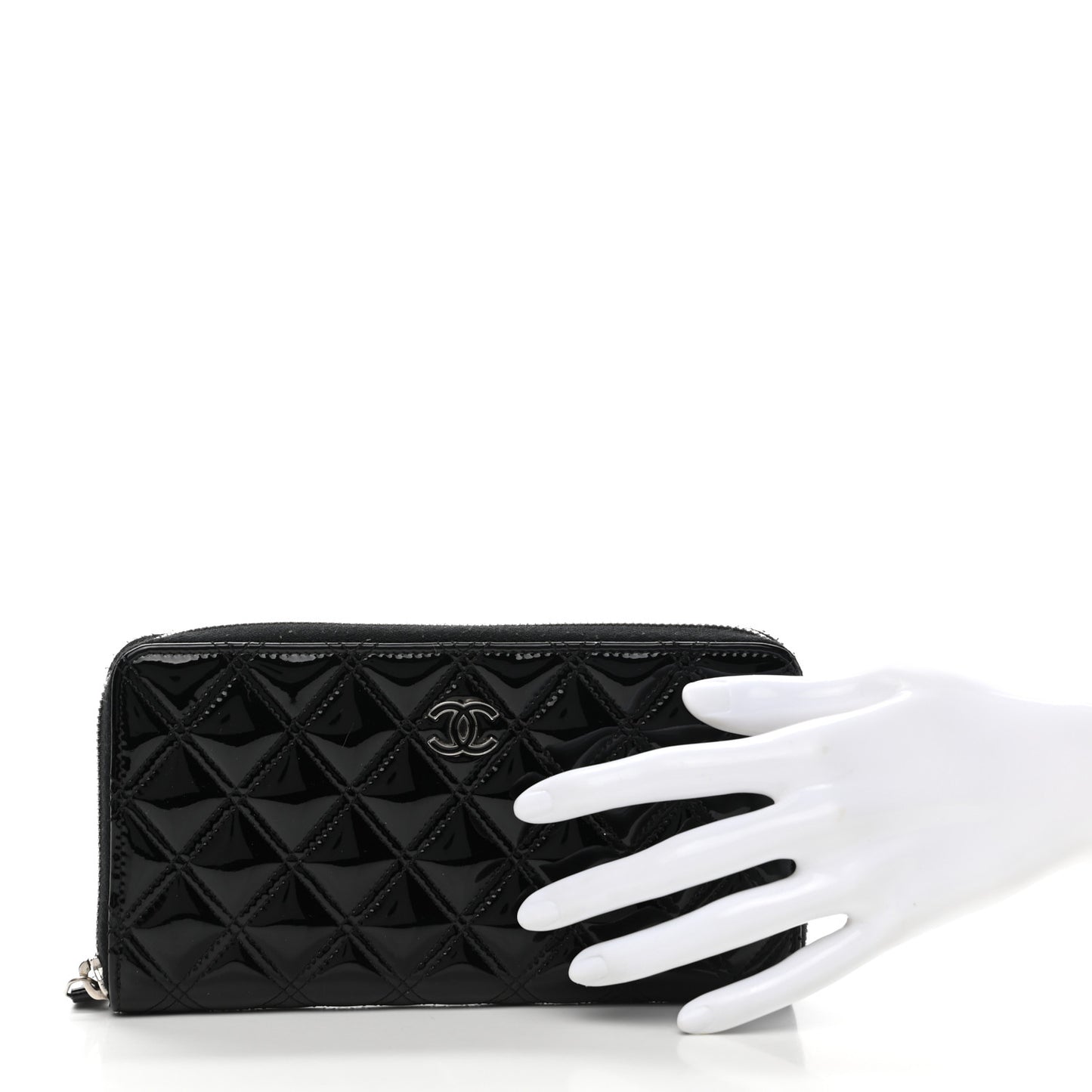 Patent Quilted Large Gusset Zip Around Wallet Black