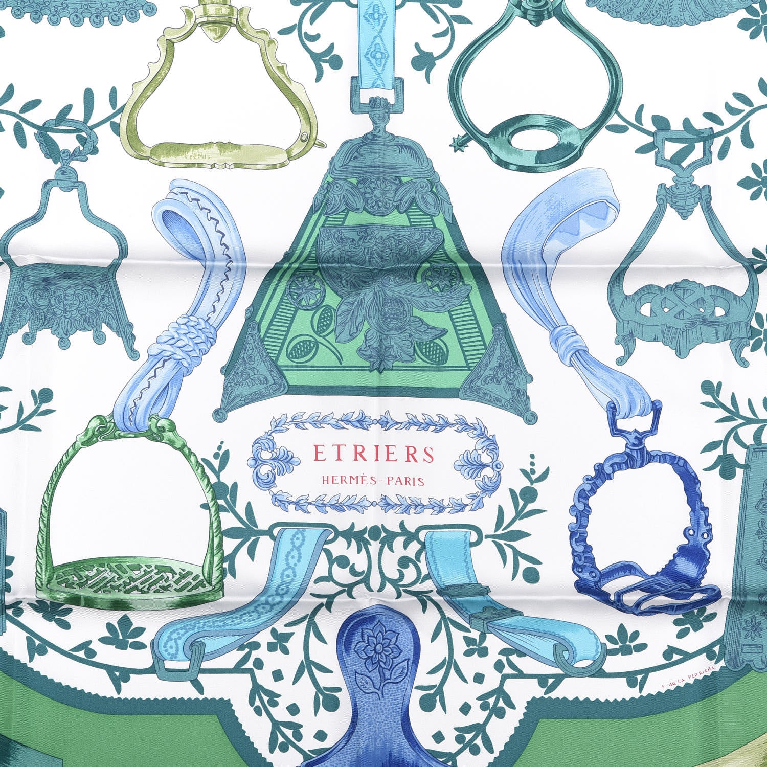 Hermes Silk Etriers Scarf 90 Vert White Turquoise 2 of 4