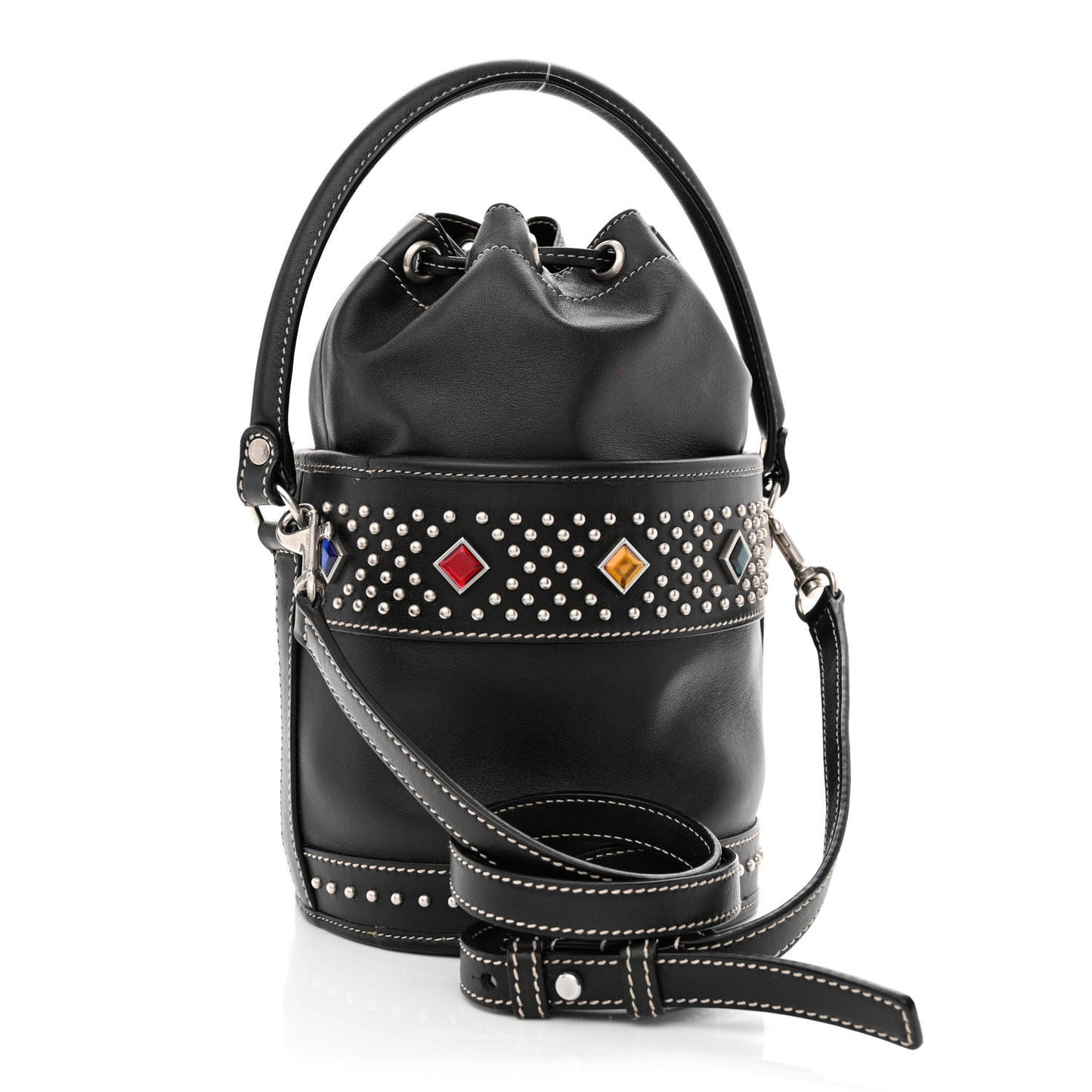 Smooth Calfskin Studded Small Bahia Drawstring Bucket Bag Black Multicolor