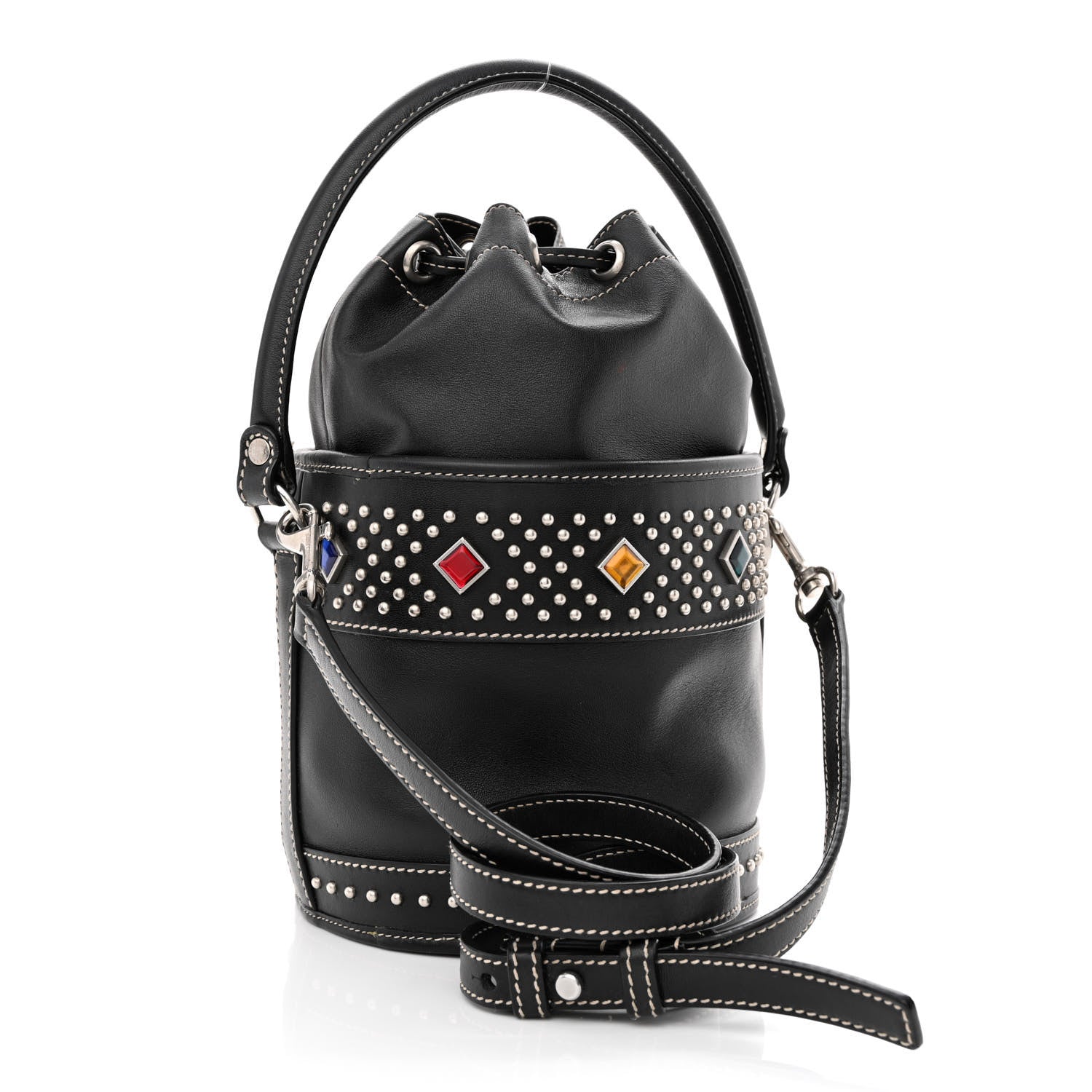 Saint Laurent Smooth Calfskin Studded Small Bahia Drawstring Bucket Bag Black Multicolor 3 of 16