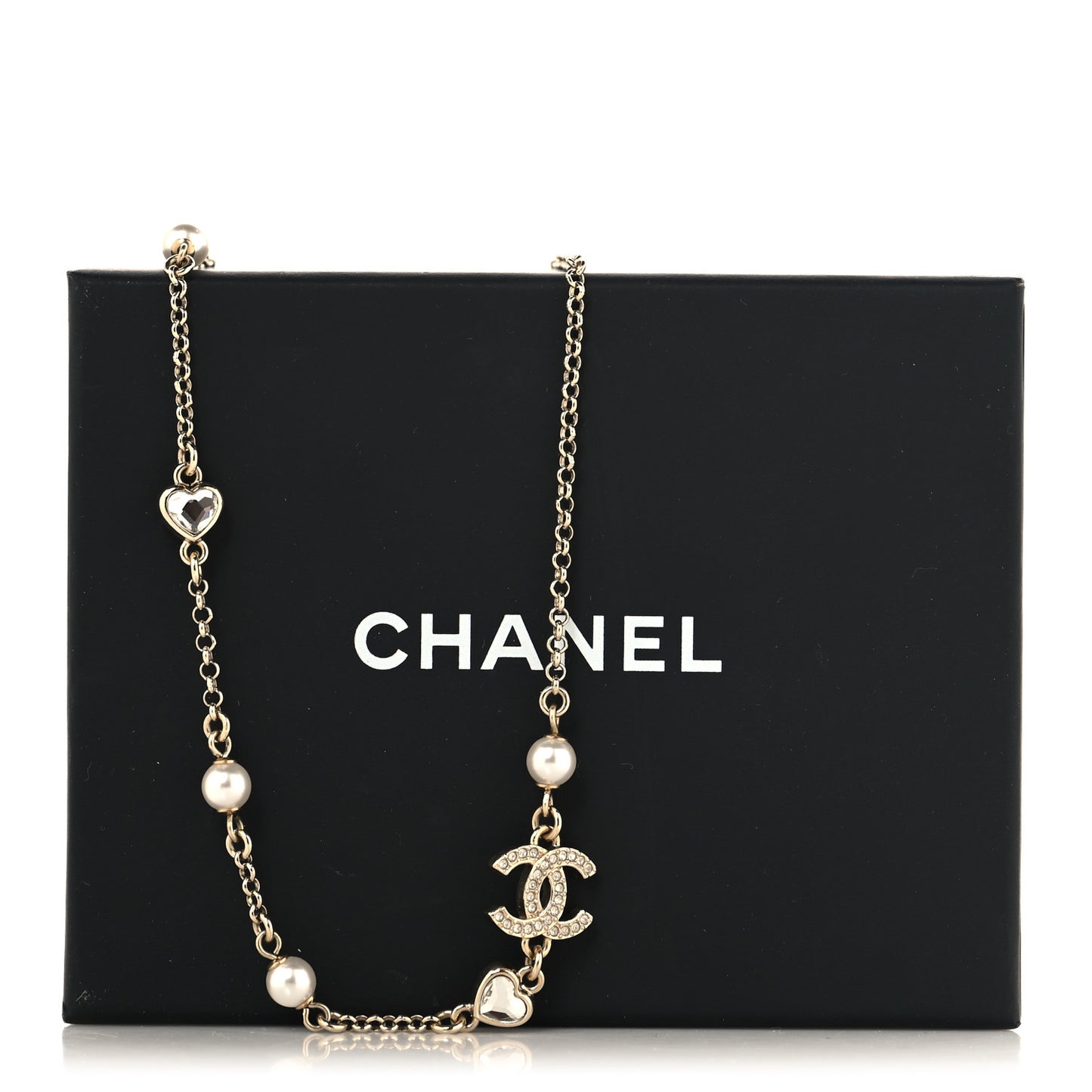 Pearl Crystal CC Heart Chain Short Necklace Gold