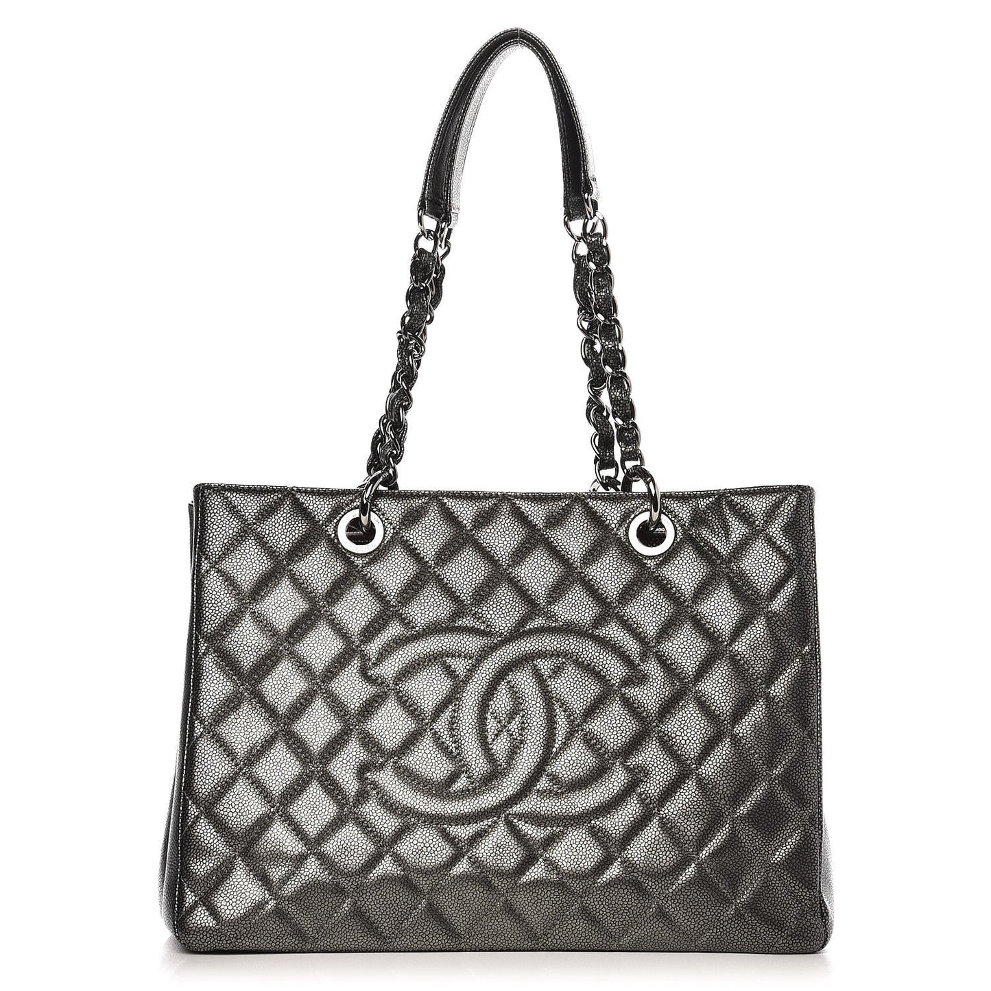 Metallic Caviar Quilted Grand Shopping Tote GST Dark Silver