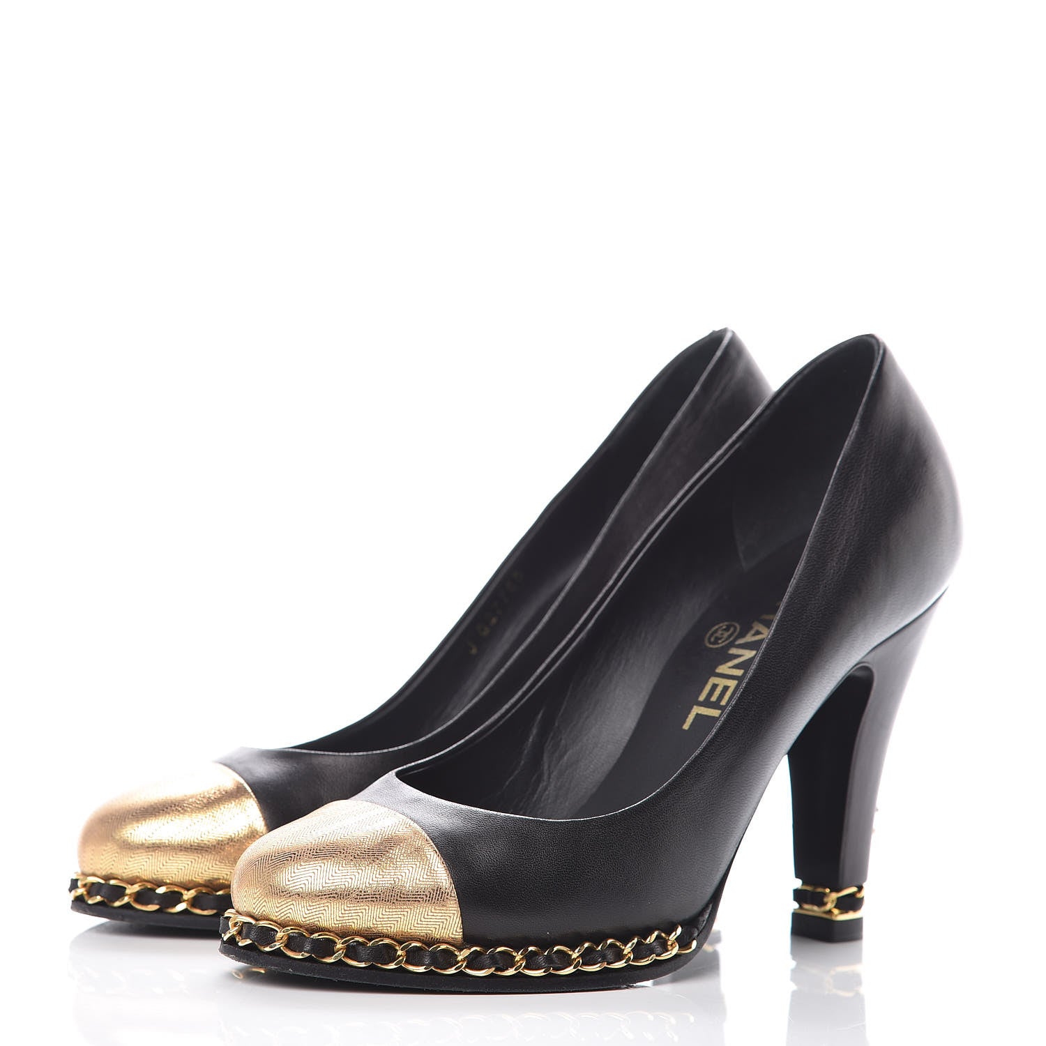 Chanel Lambskin Chain Around Cap Toe Pumps 36.5 Black Gold 3 of 13