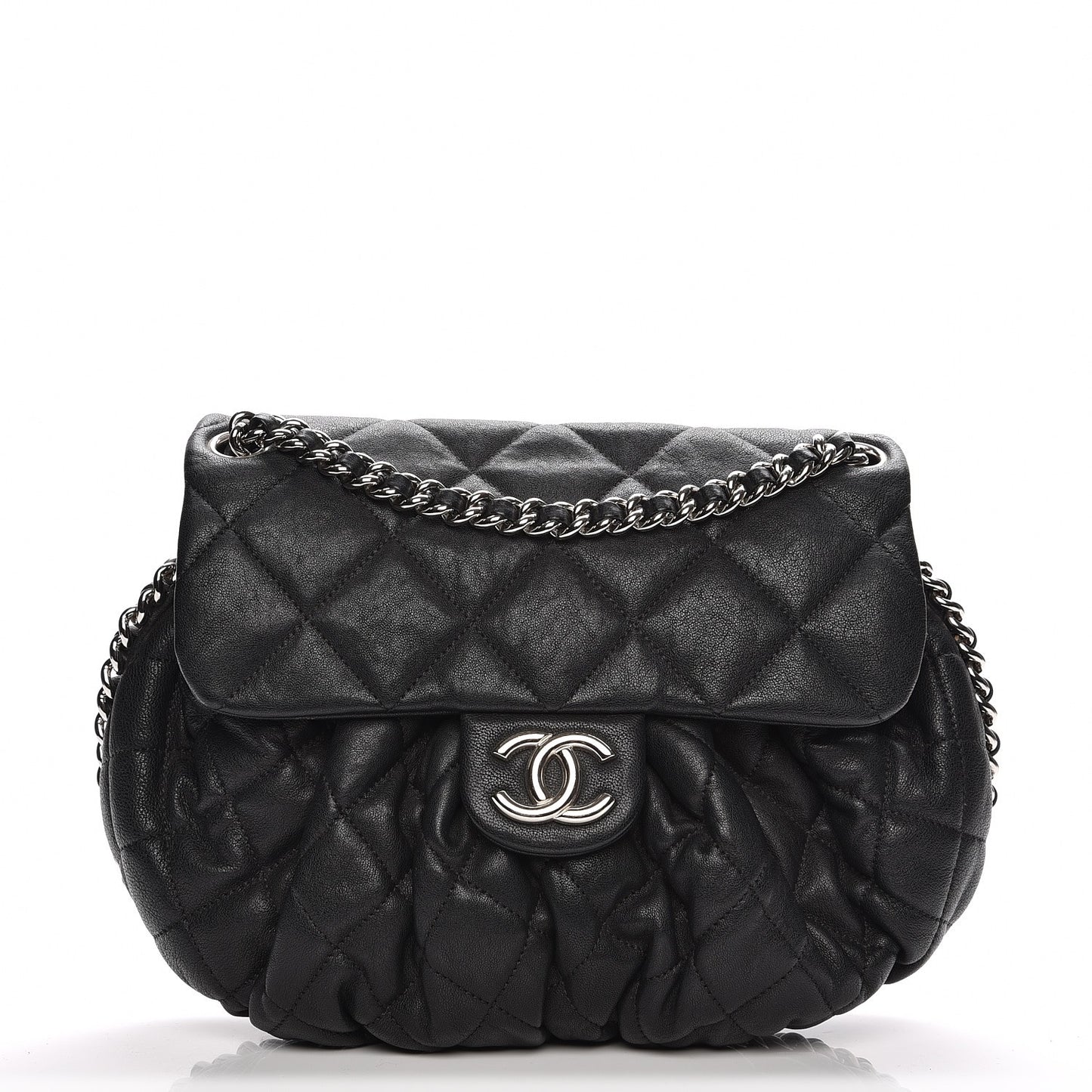 Washed Lambskin Quilted Medium Chain Around Messenger Black