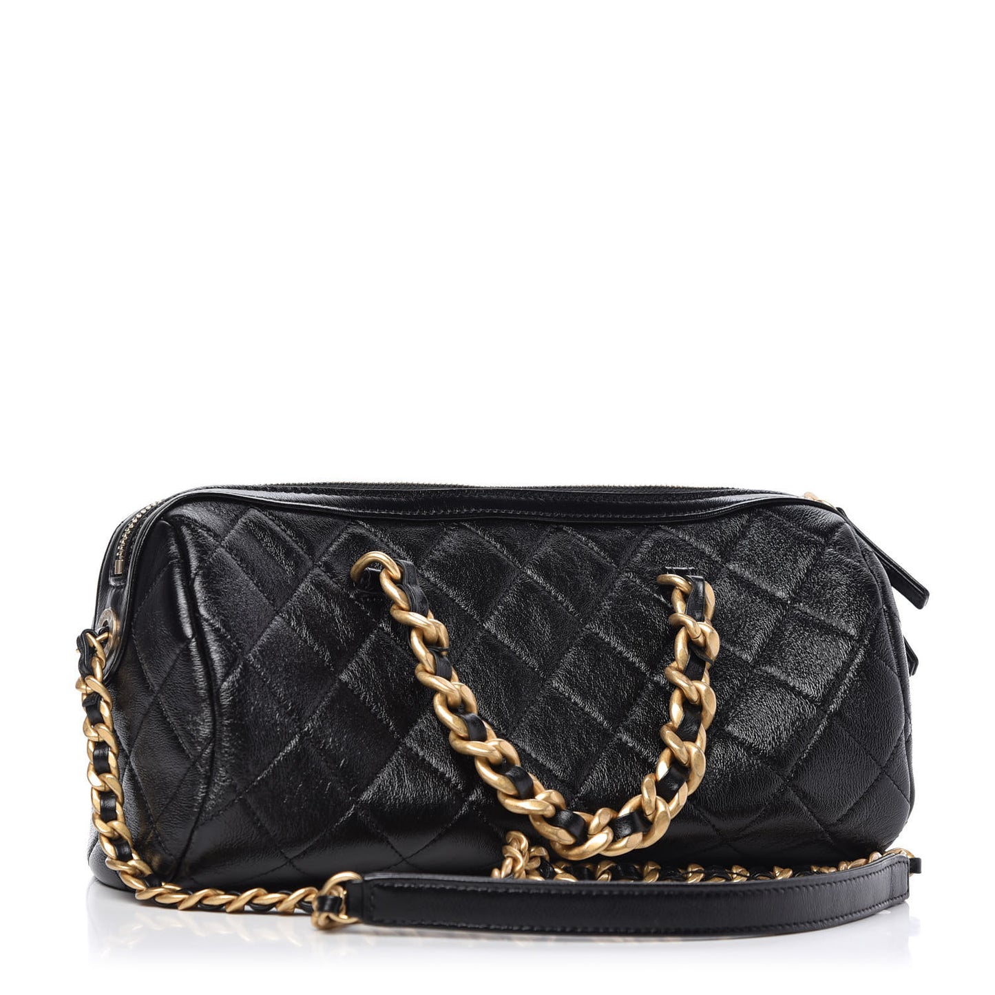 Shiny Lambskin Quilted Fashion Therapy Bowling Bag Black