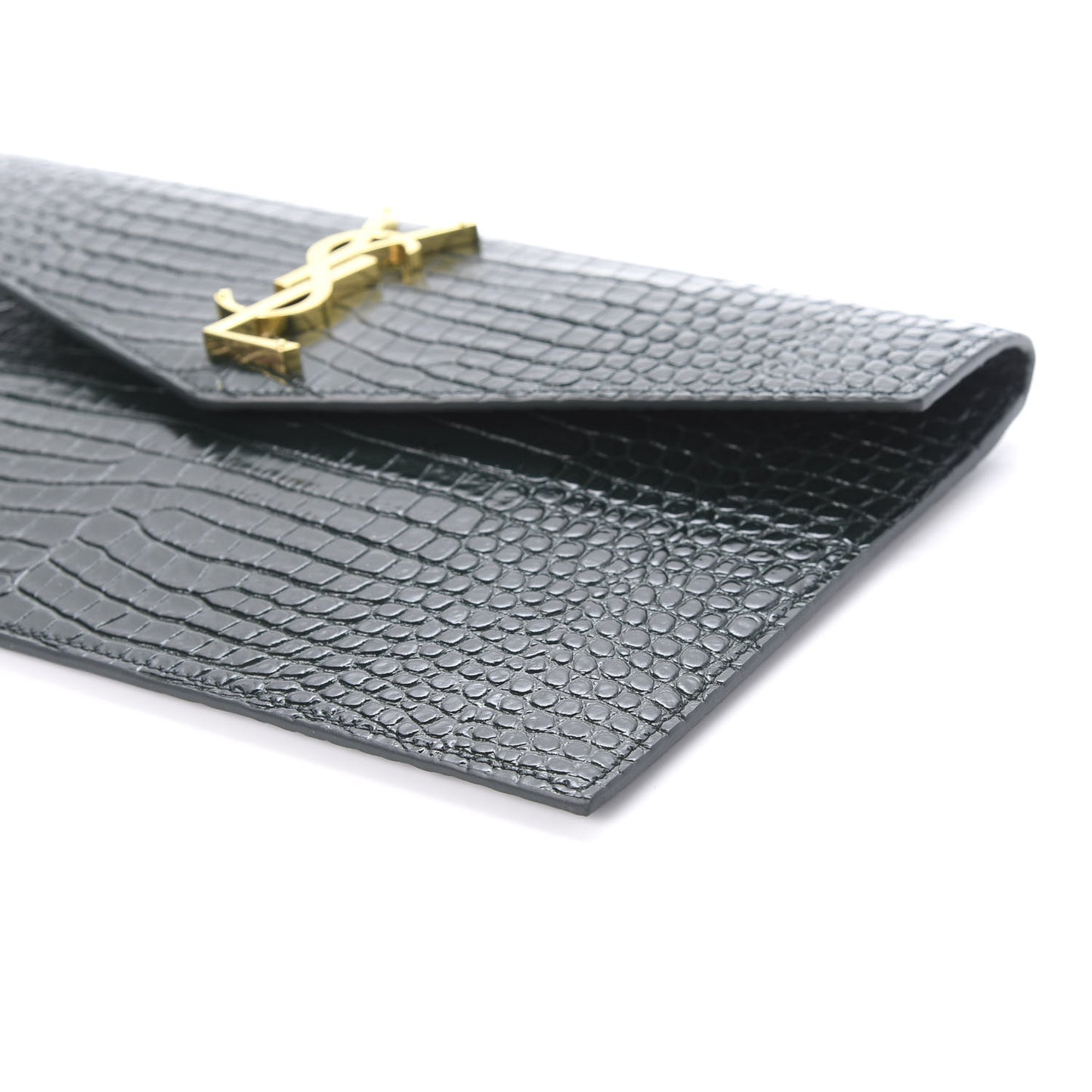Calfskin Crocodile Embossed Uptown Monogram Clutch Dark Green