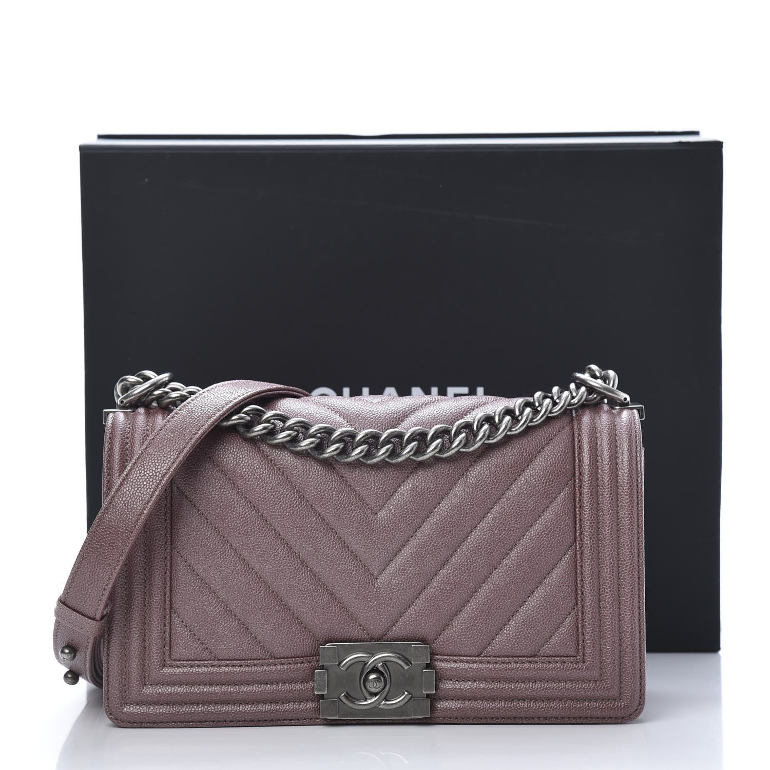 Chanel Metallic Caviar Chevron Quilted Medium Boy Flap Dark Pink 11 of 11