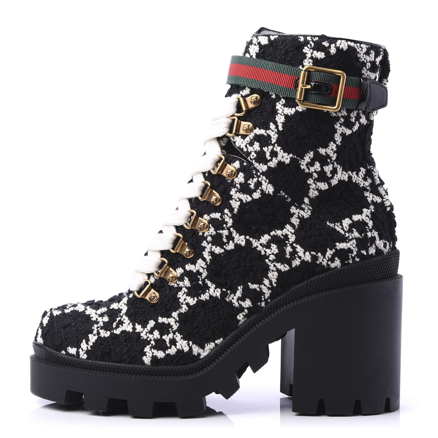 Tweed GG Monogram Lace Up Combat Ankle Boots 38 Black