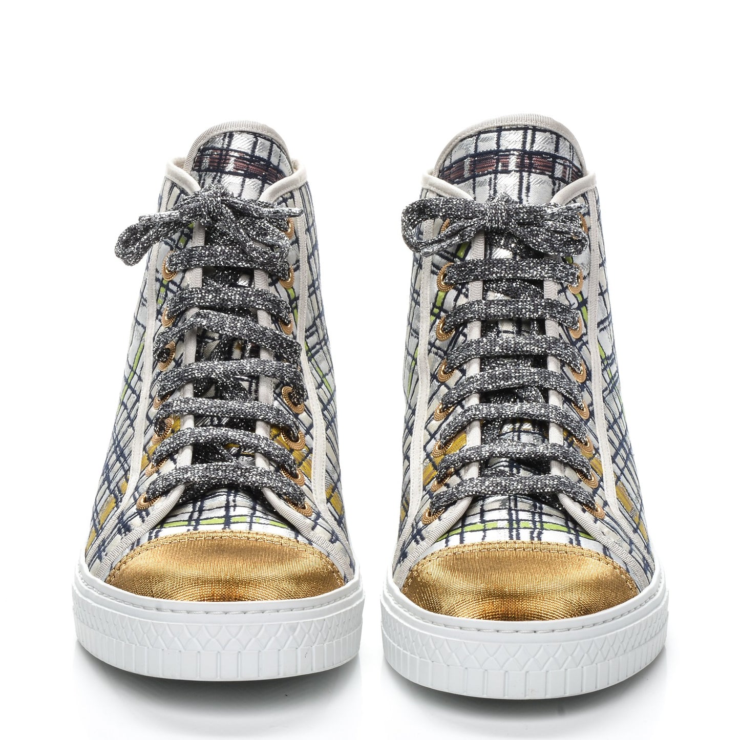Metallic Tweed High Top Sneakers 40.5 Ecru Black Yellow Gold
