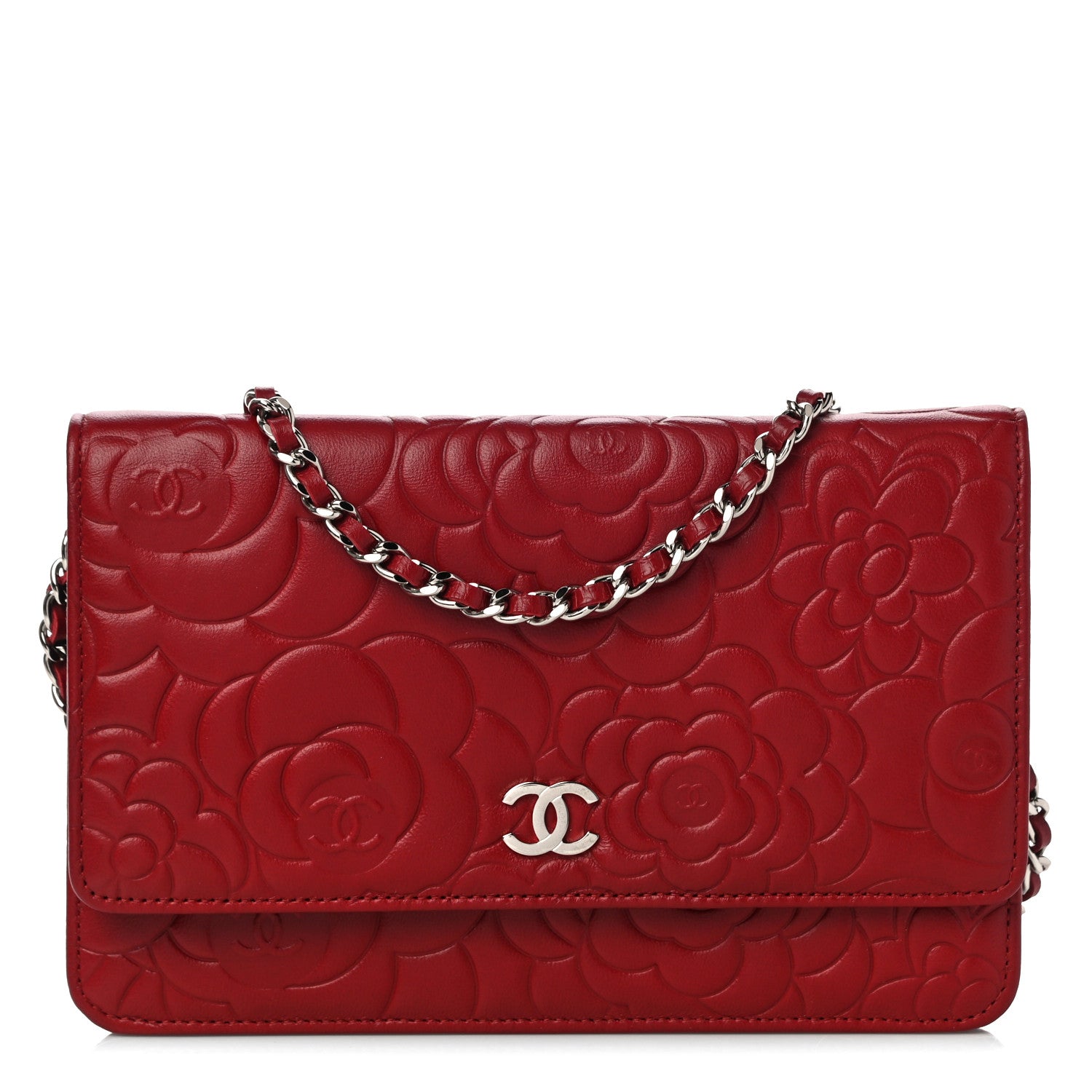 Chanel Lambskin Camellia Embossed Wallet On Chain WOC Red 1 of 12