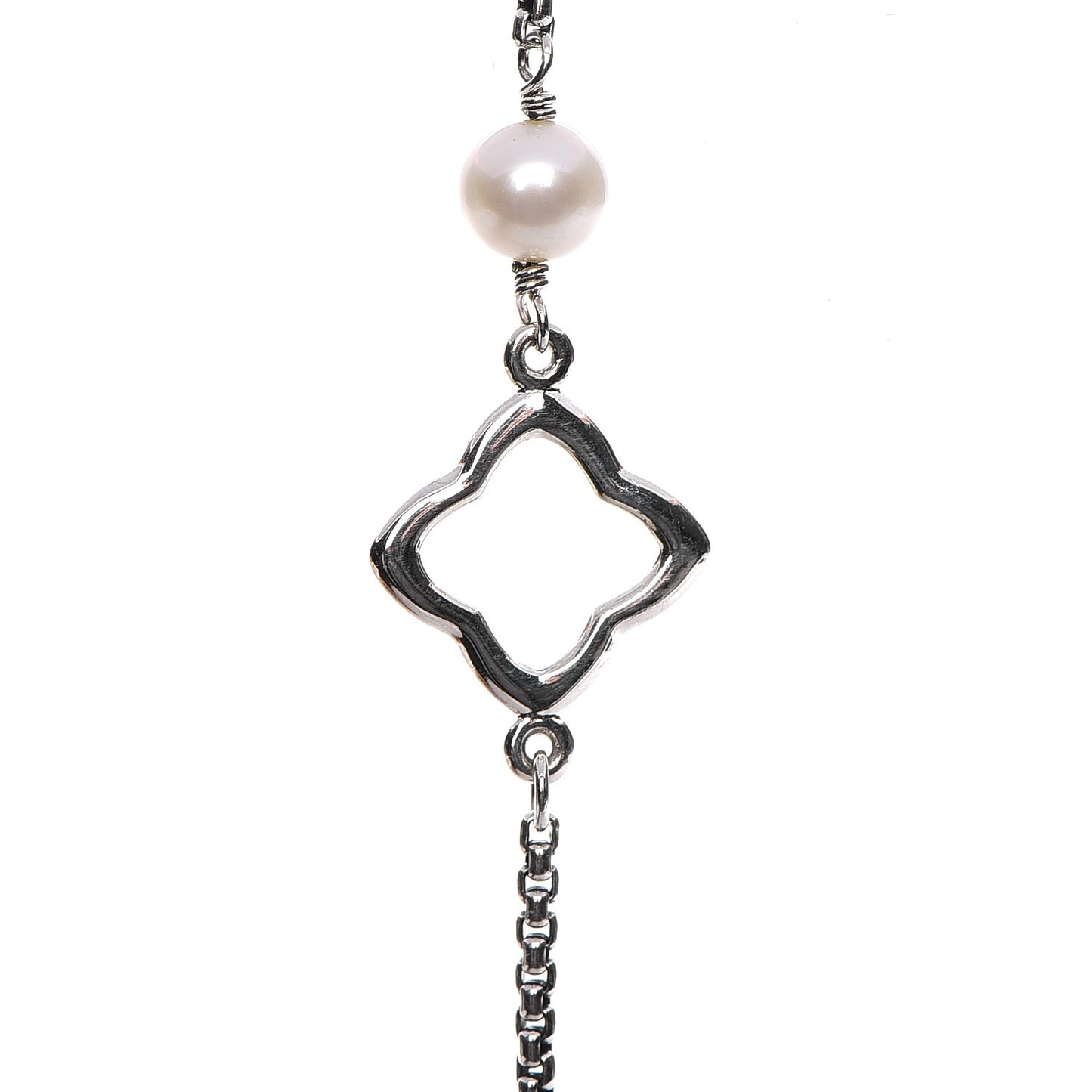 Sterling Silver Pearl 7.5mm Quatrefoil Long Chain Necklace