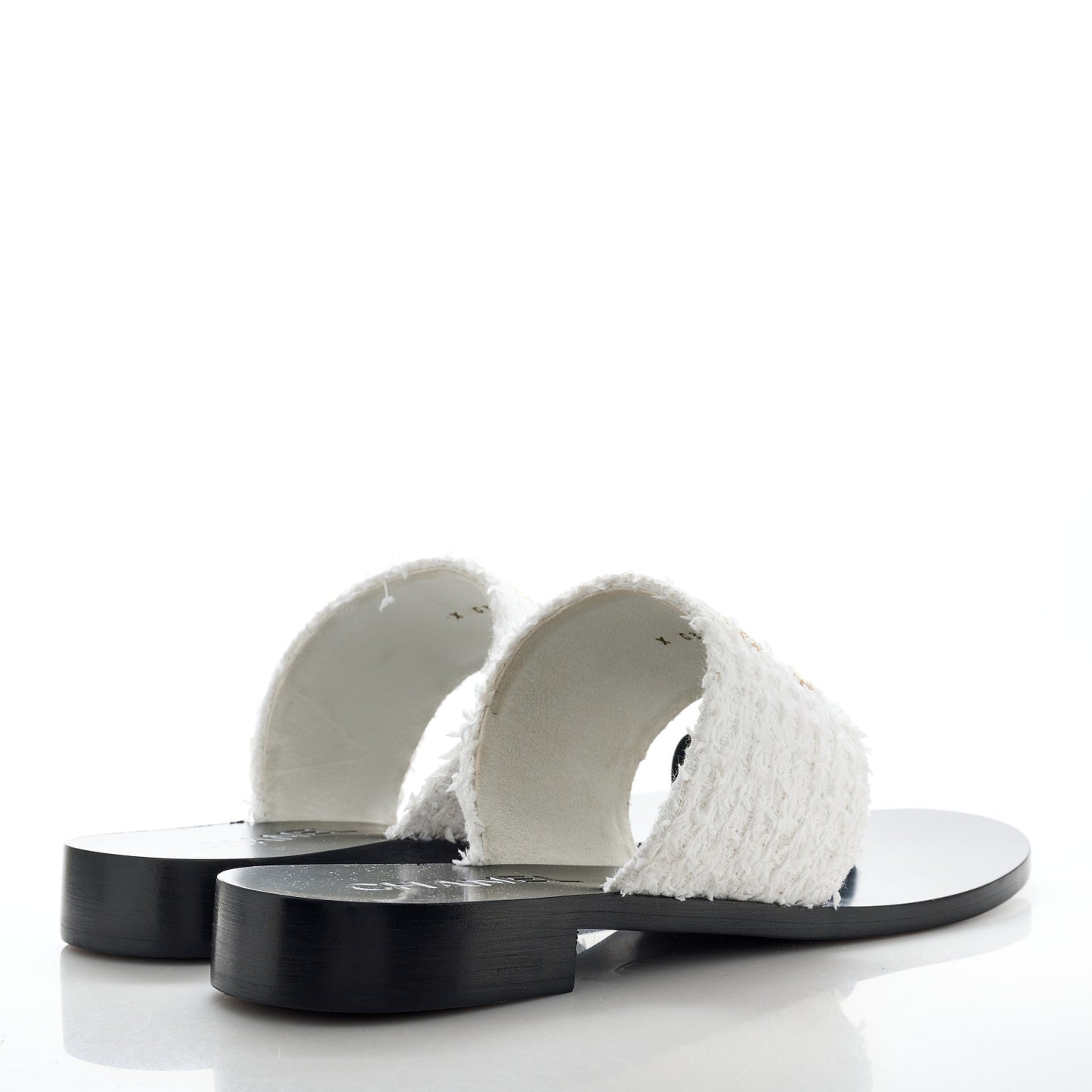 Cotton Tweed Fabric Lambskin CC Thong Sandal 41 White Gold Black