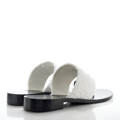 Chanel Cotton Tweed Fabric Lambskin CC Thong Sandal 41 White Gold Black 4 of 10