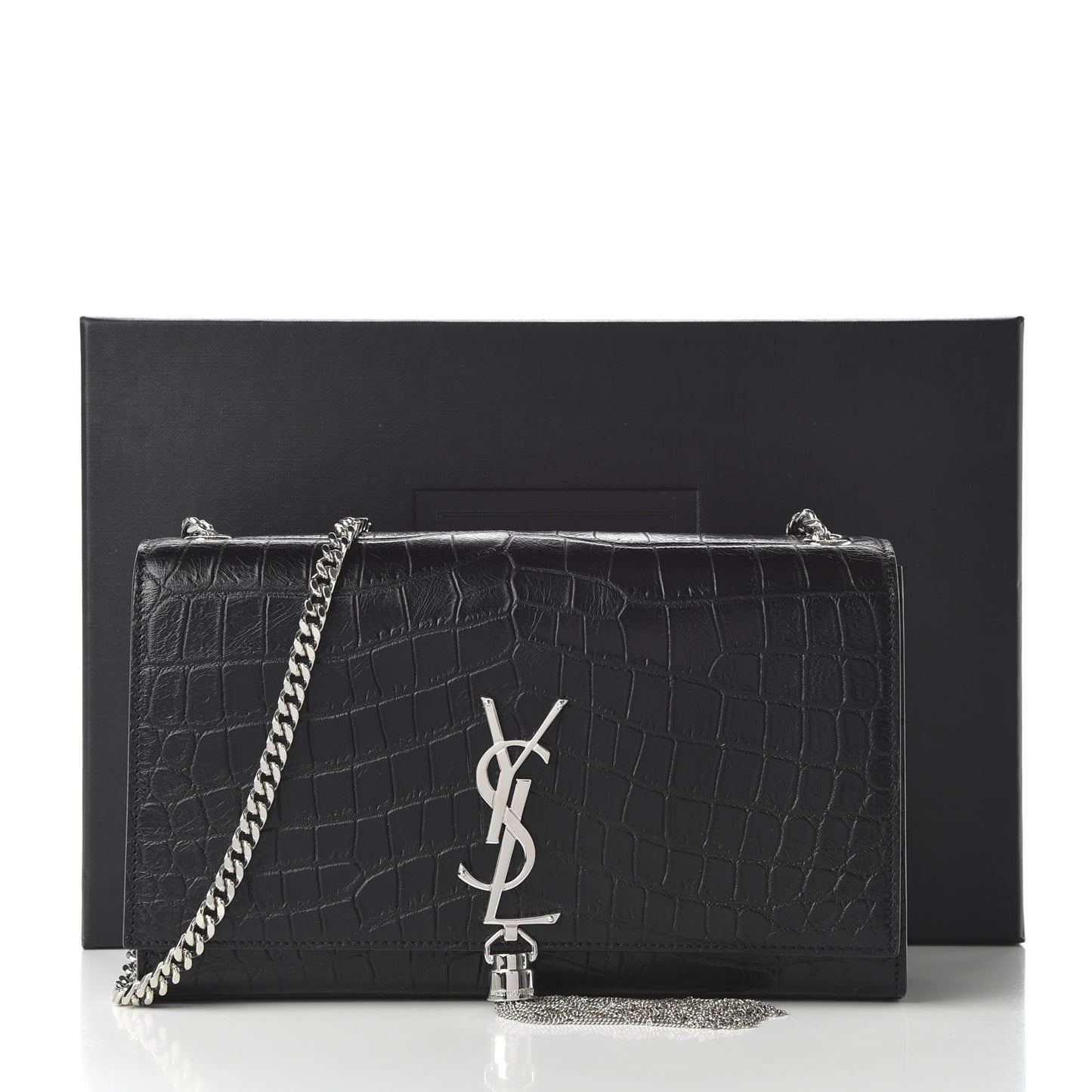 Calfskin Crocodile Embossed Medium Classic Monogram Kate Tassel Satchel Black