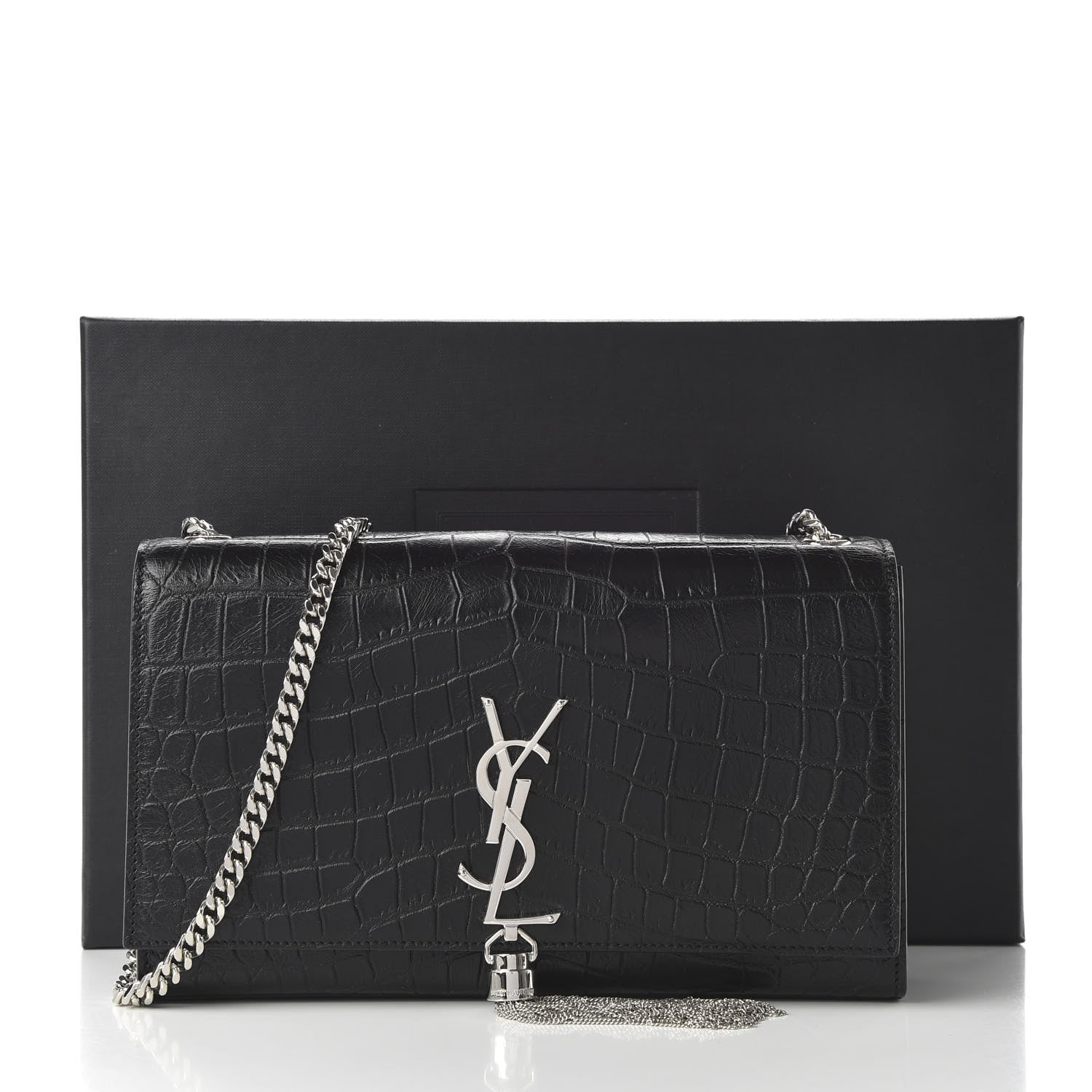 Saint Laurent Calfskin Crocodile Embossed Medium Classic Monogram Kate Tassel Satchel Black 10 of 10