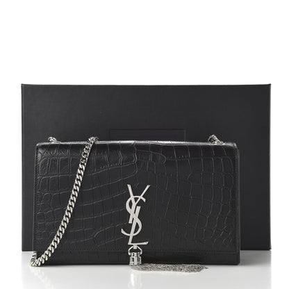Saint Laurent Calfskin Crocodile Embossed Medium Classic Monogram Kate Tassel Satchel Black 10 of 10