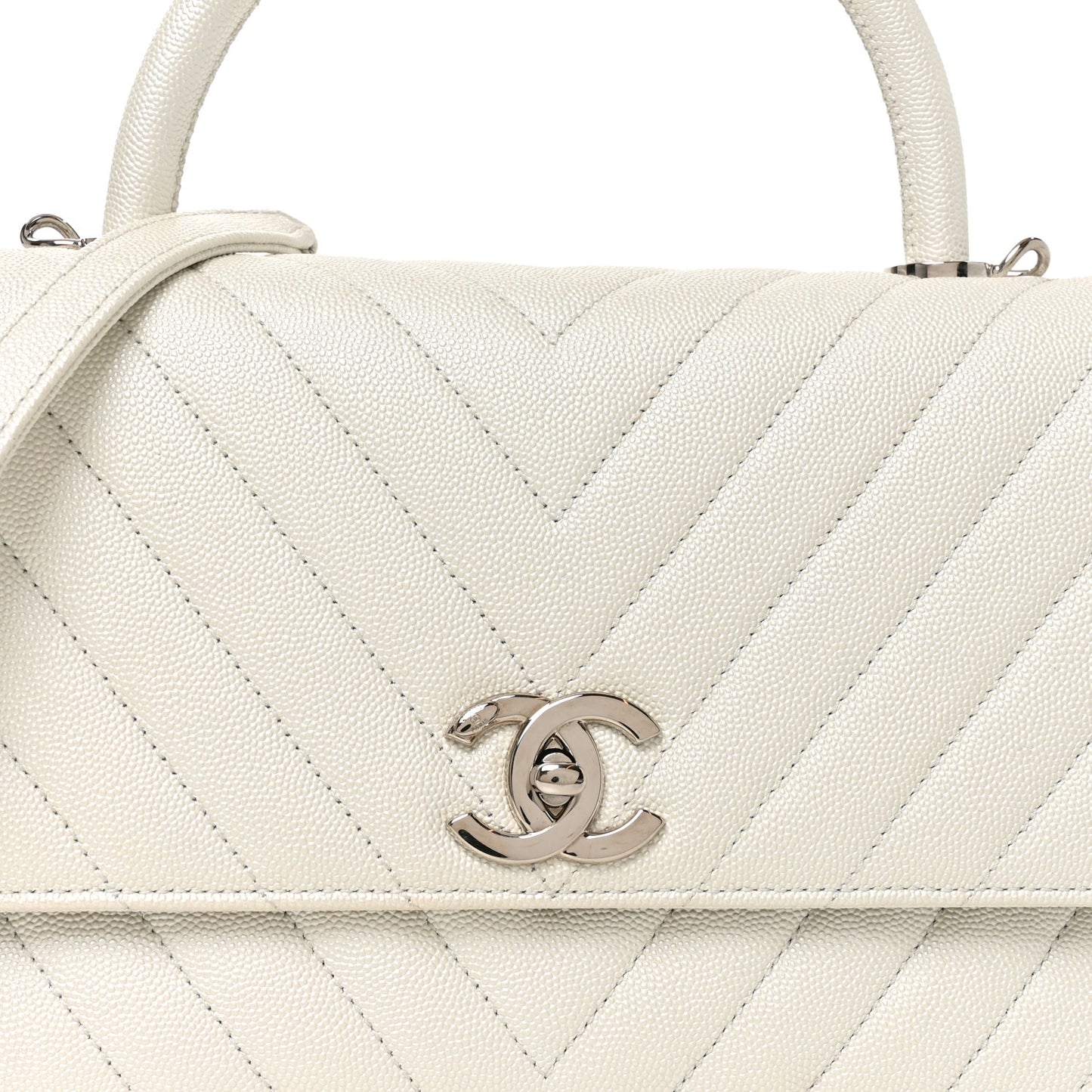 Iridescent Caviar Chevron Quilted Small Coco Handle Flap White