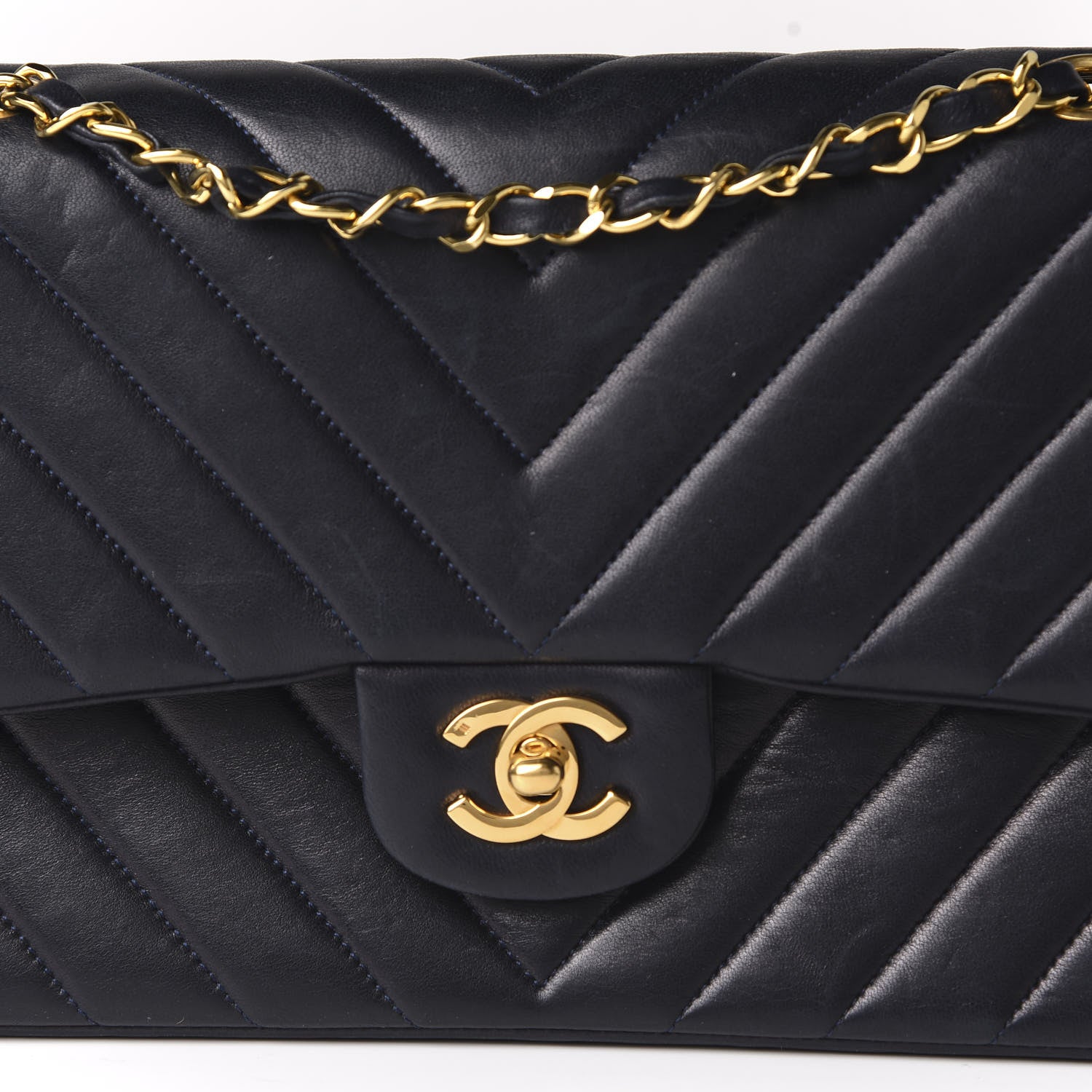 Chanel Lambskin Chevron Quilted Medium Double Flap Navy Blue 10 of 11